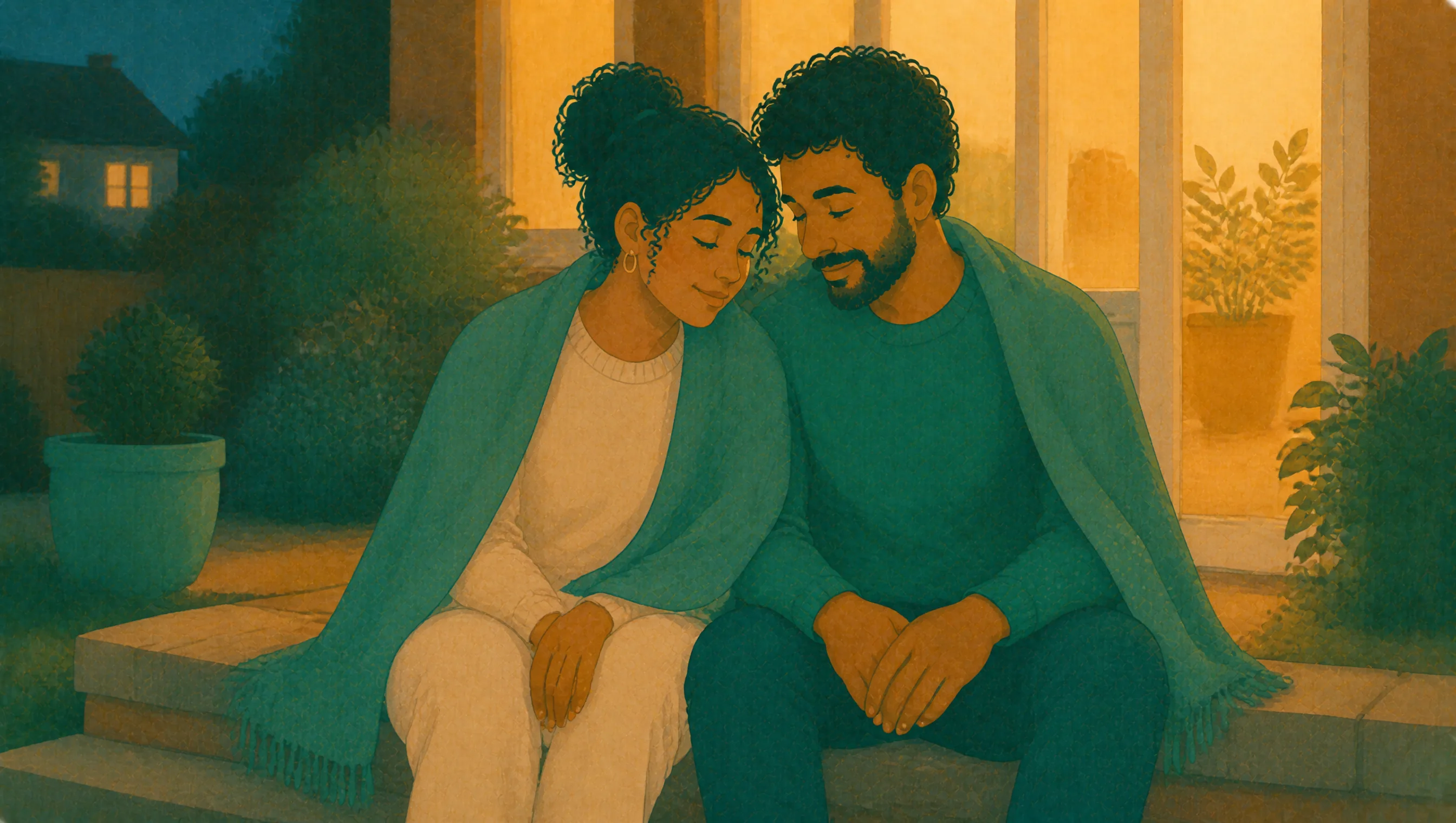 A man and a woman sit close together on the steps outside their home in the evening, sharing a blanket around their shoulders.