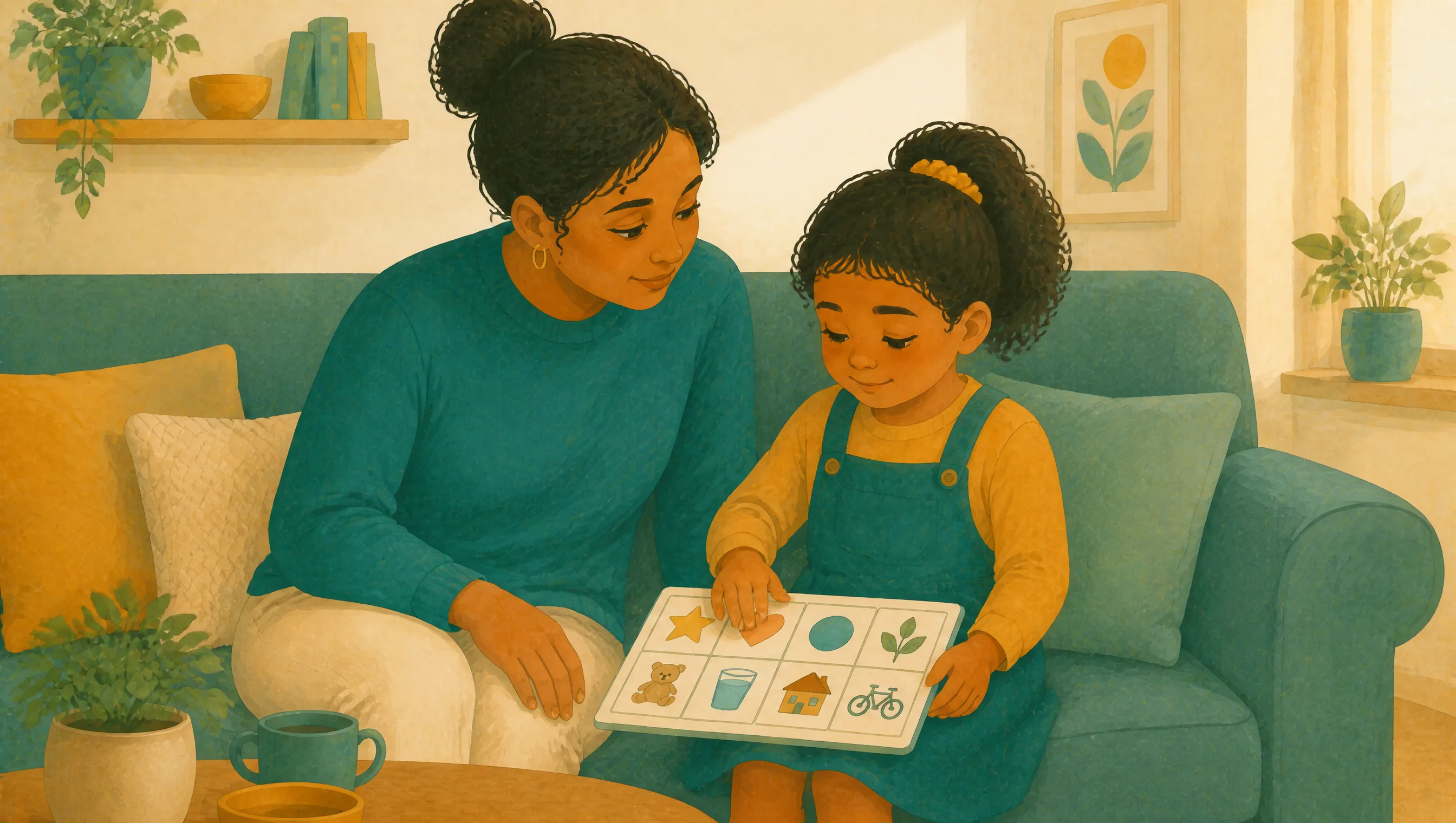 A woman and a young girl sit on a sofa looking at a symbol board with pictures of a star, teddy bear, house and bicycle.