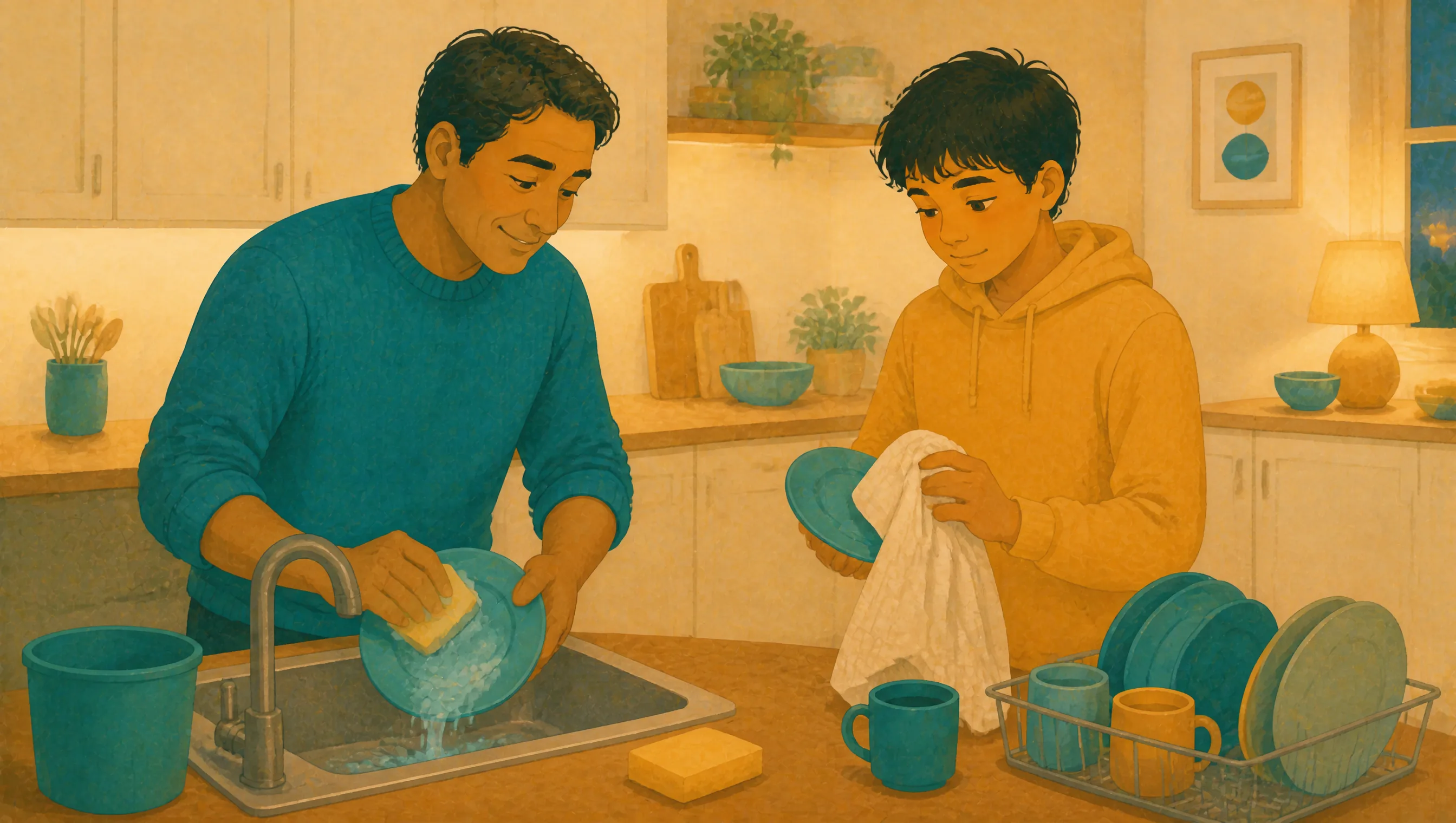 A man and a teenage boy washing dishes together at a kitchen sink, the man scrubbing a plate while the boy dries another with a cloth.