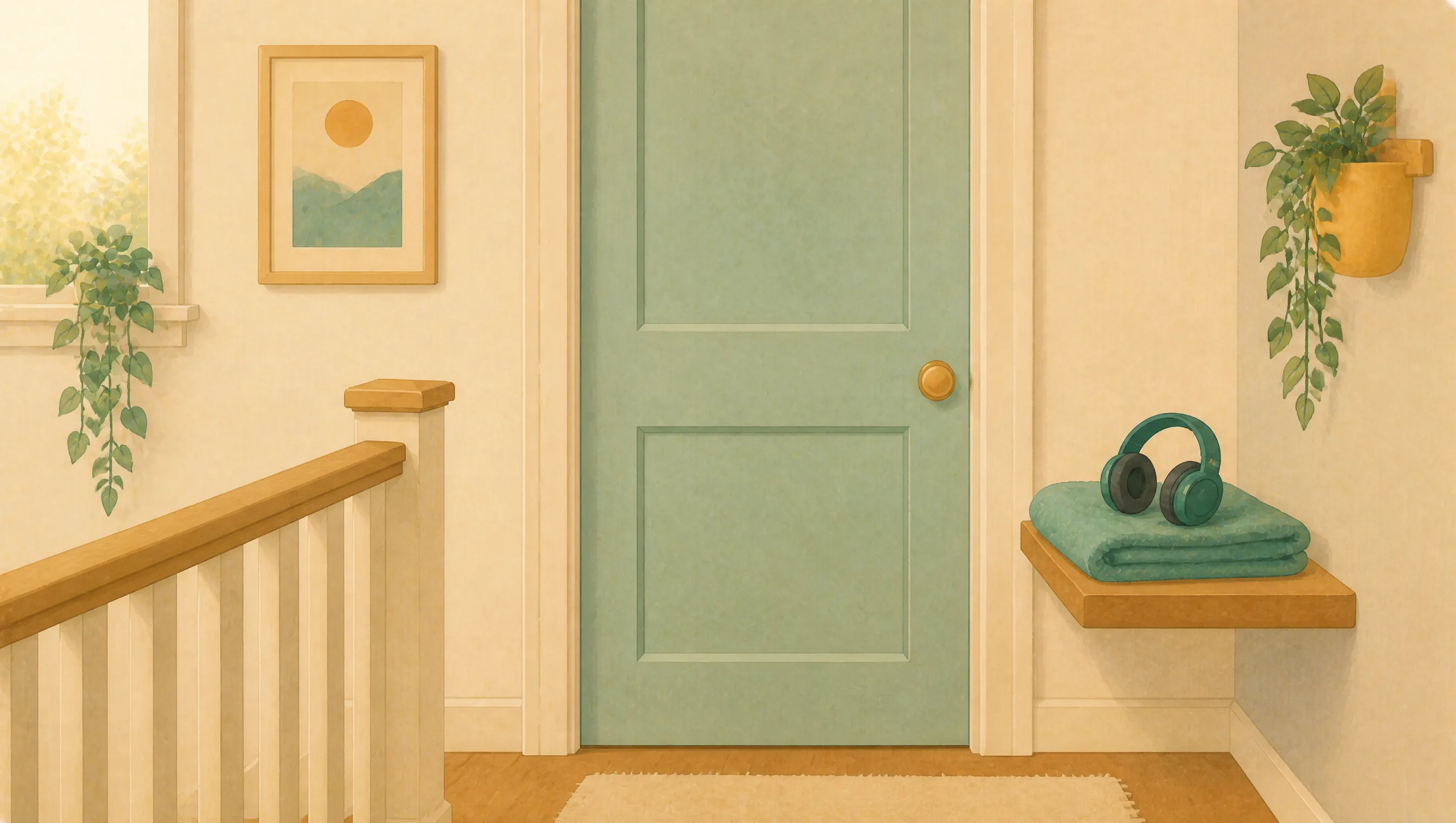 A closed bedroom door on an upstairs landing, with a folded towel and a pair of headphones resting on a small shelf beside it.