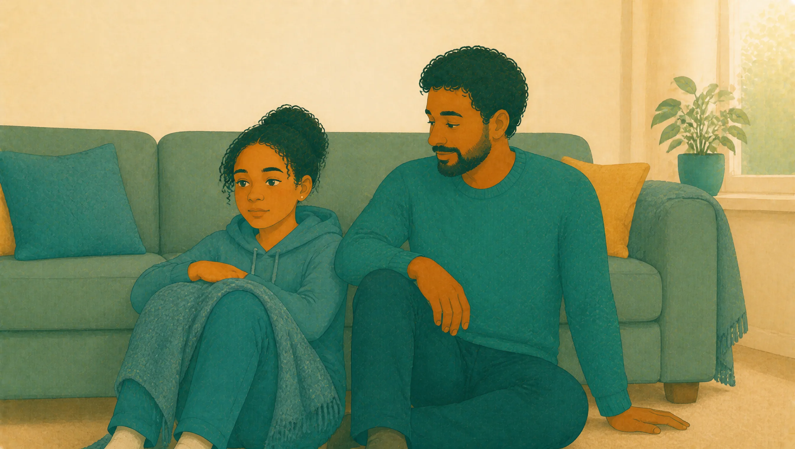 A father sits on the living room floor beside his daughter, who has a blanket over her lap and is looking away in thought.