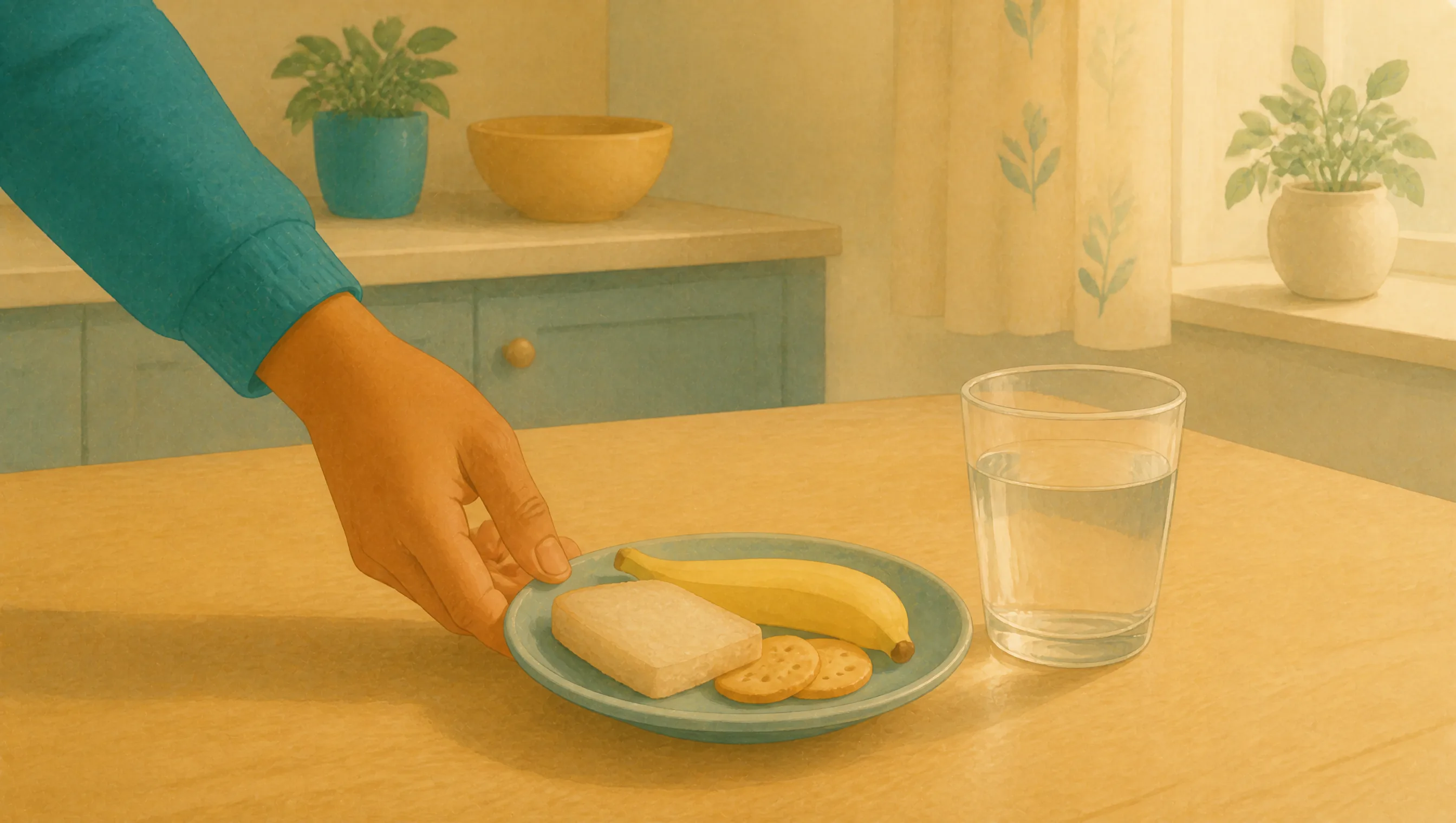 A hand reaching for a plate of banana, crackers and toast beside a full glass of water on a wooden kitchen table.