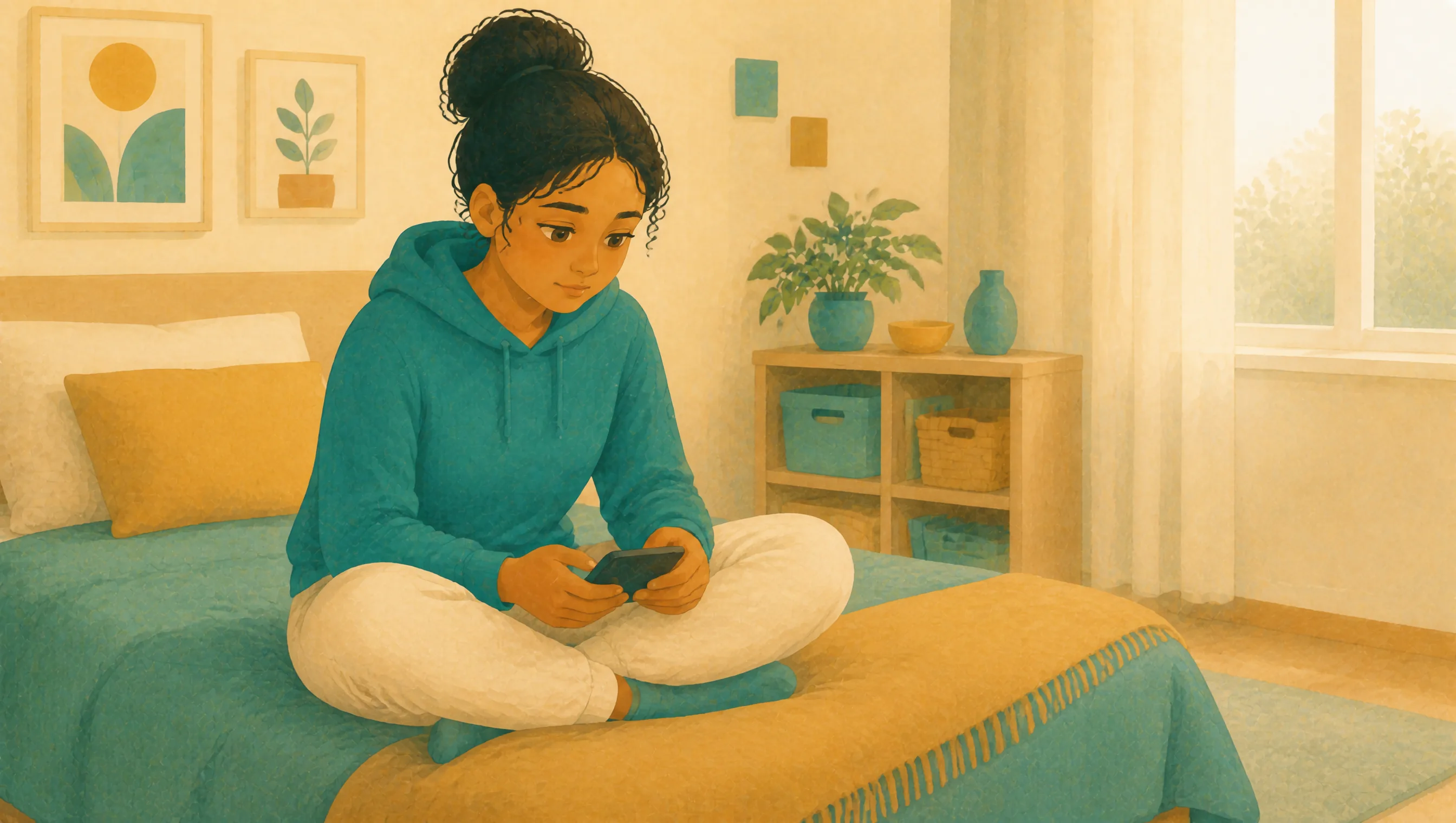 A girl sits cross-legged on a bed looking down at a phone with a dark screen, framed prints, a potted plant and a curtained window behind her.