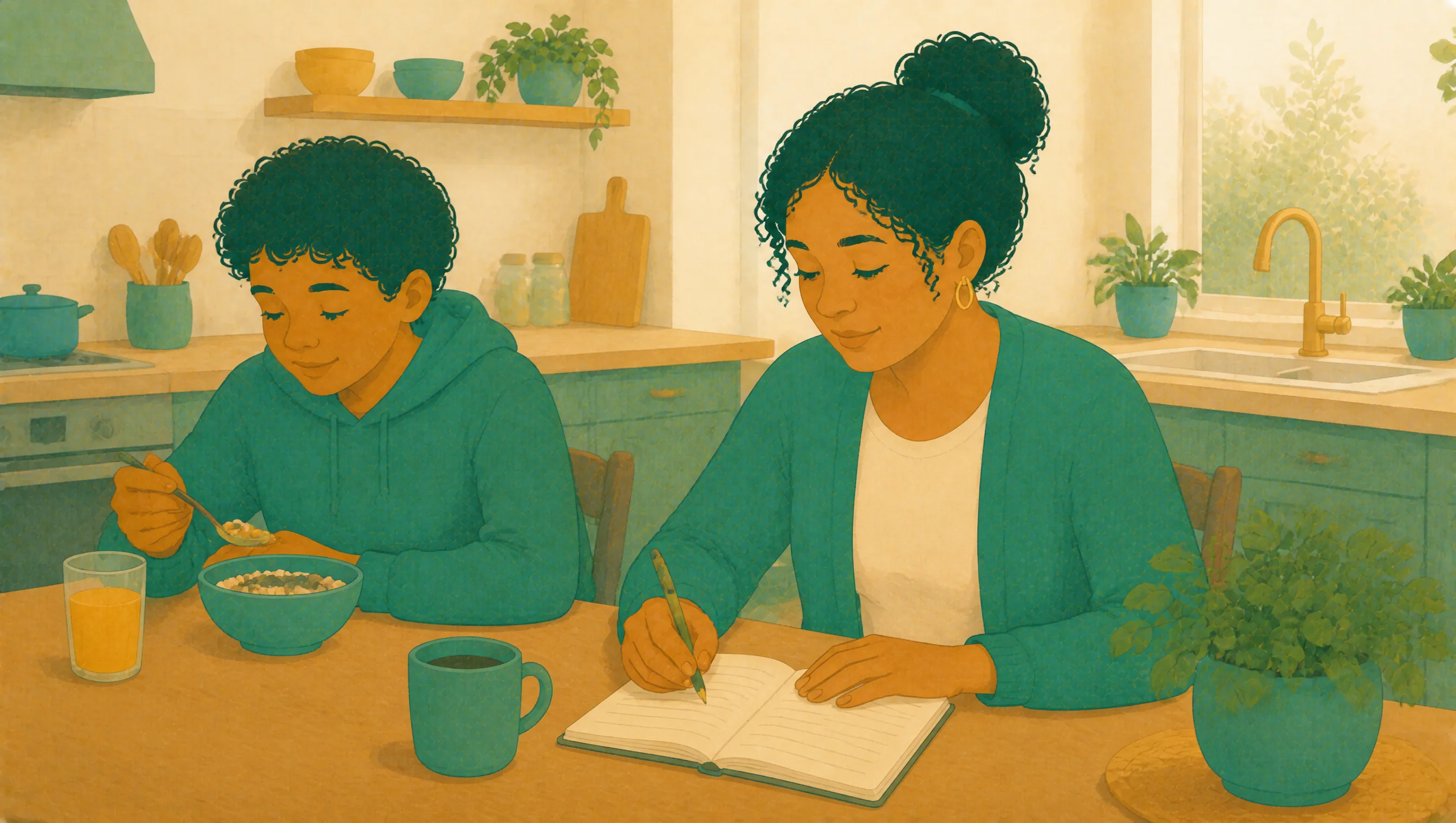 A mother sits at the kitchen table writing in a notebook while her son eats breakfast beside her.