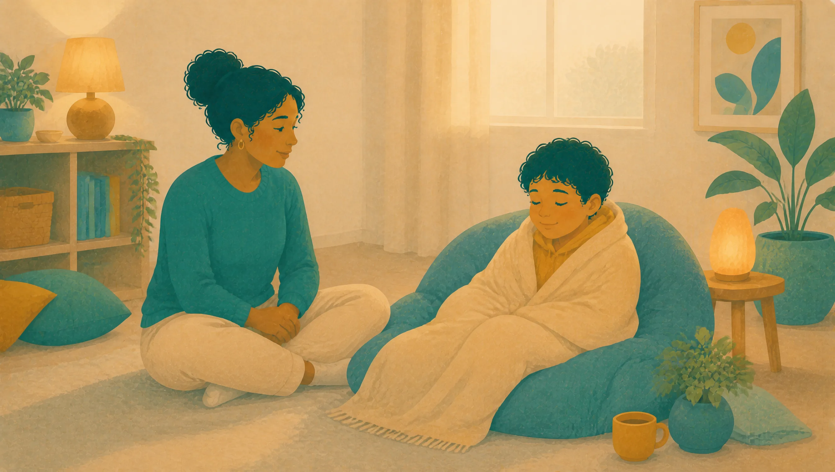 A woman sitting cross-legged on the floor, looking towards a child wrapped in a blanket on a blue beanbag chair, in a softly lit living room.