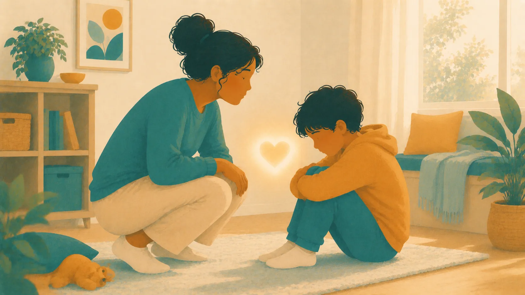 A parent crouches beside a child in a hallway.