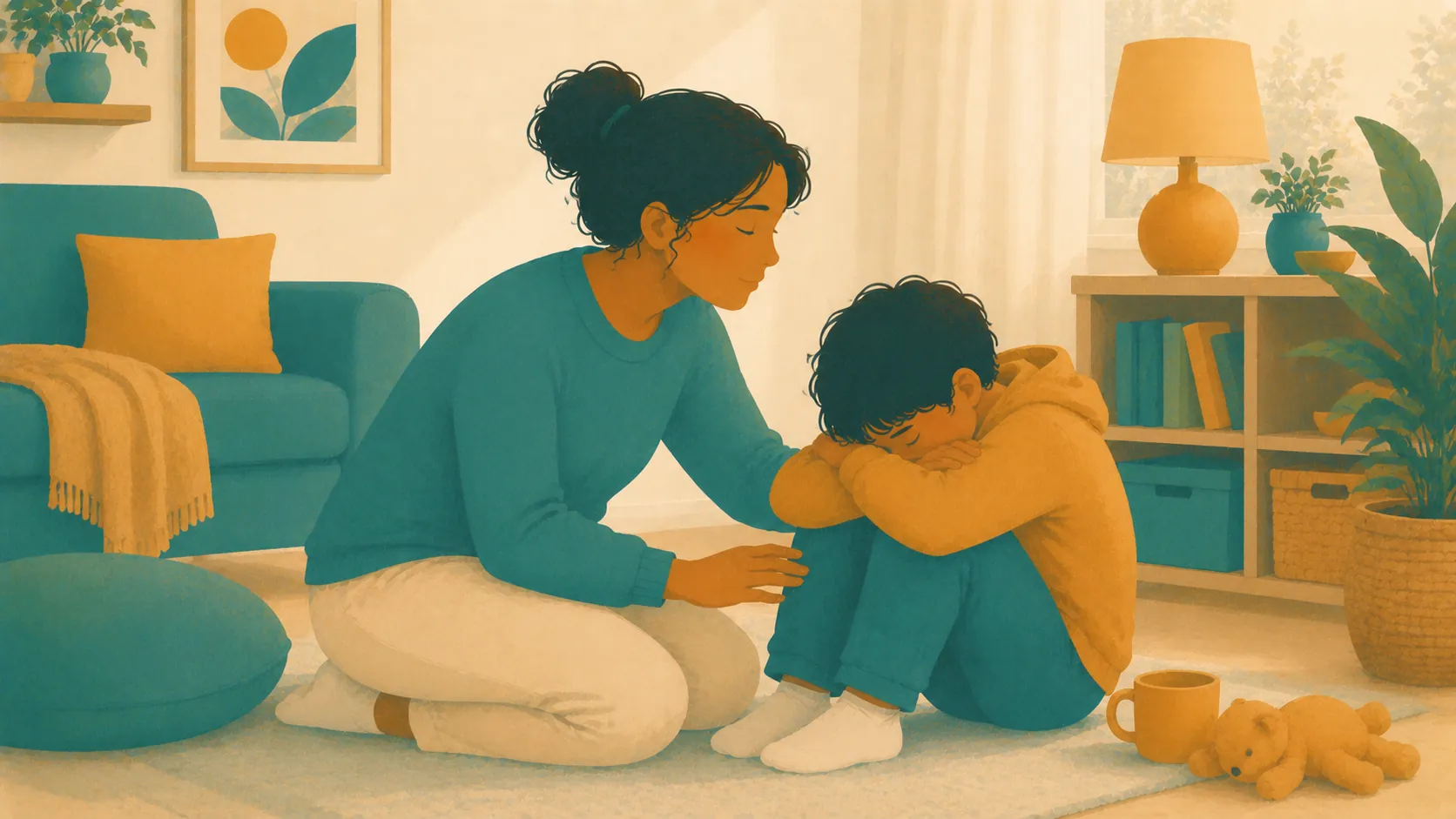 A parent sits beside a child who has their head resting on folded arms.