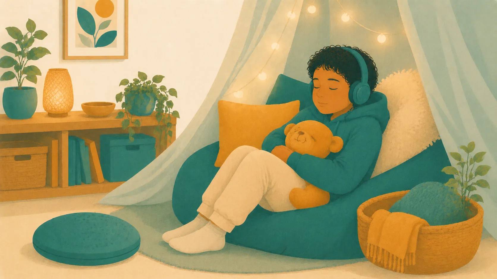 A child wearing headphones rests with a teddy inside a softly lit fabric den.