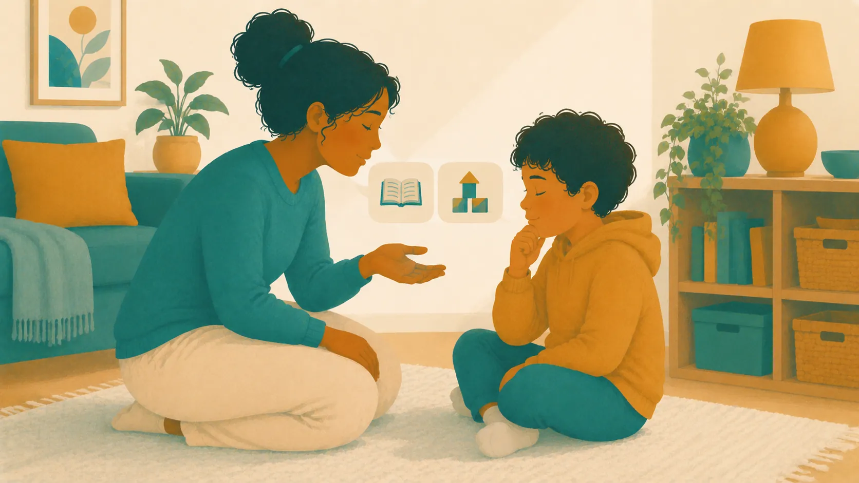 A parent and child sit on the floor while the parent offers two pictured options.