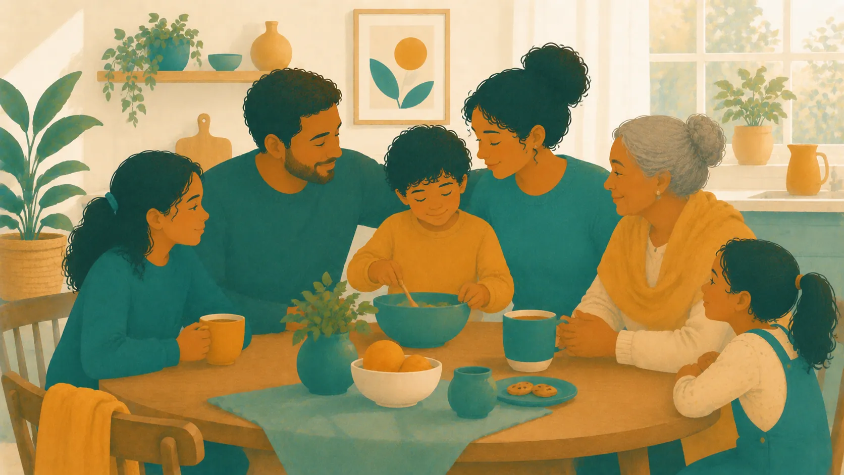 Three adults and three children gather around a kitchen table while one child stirs a bowl.
