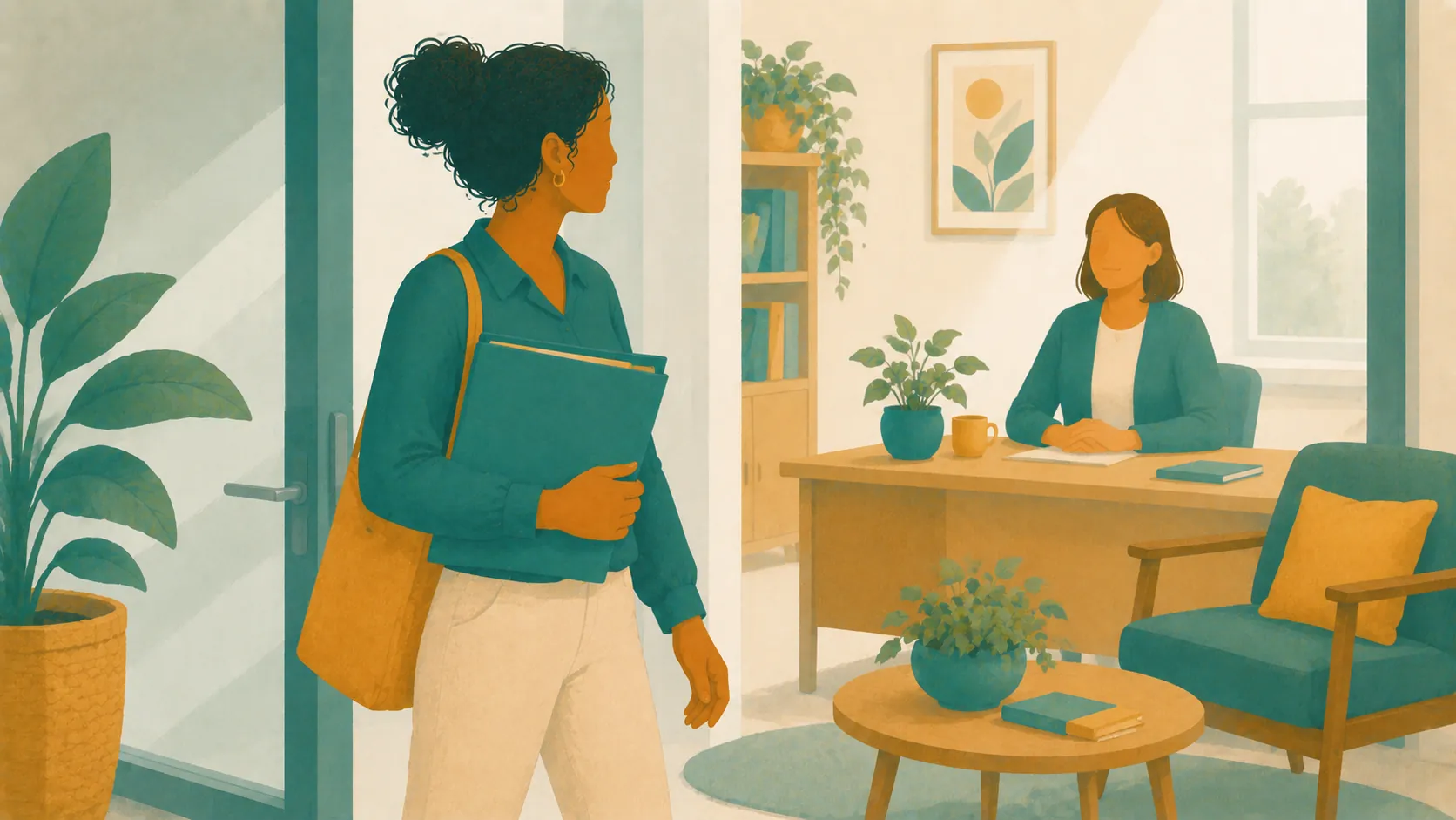 A parent carrying a folder enters a room where a member of staff is waiting.