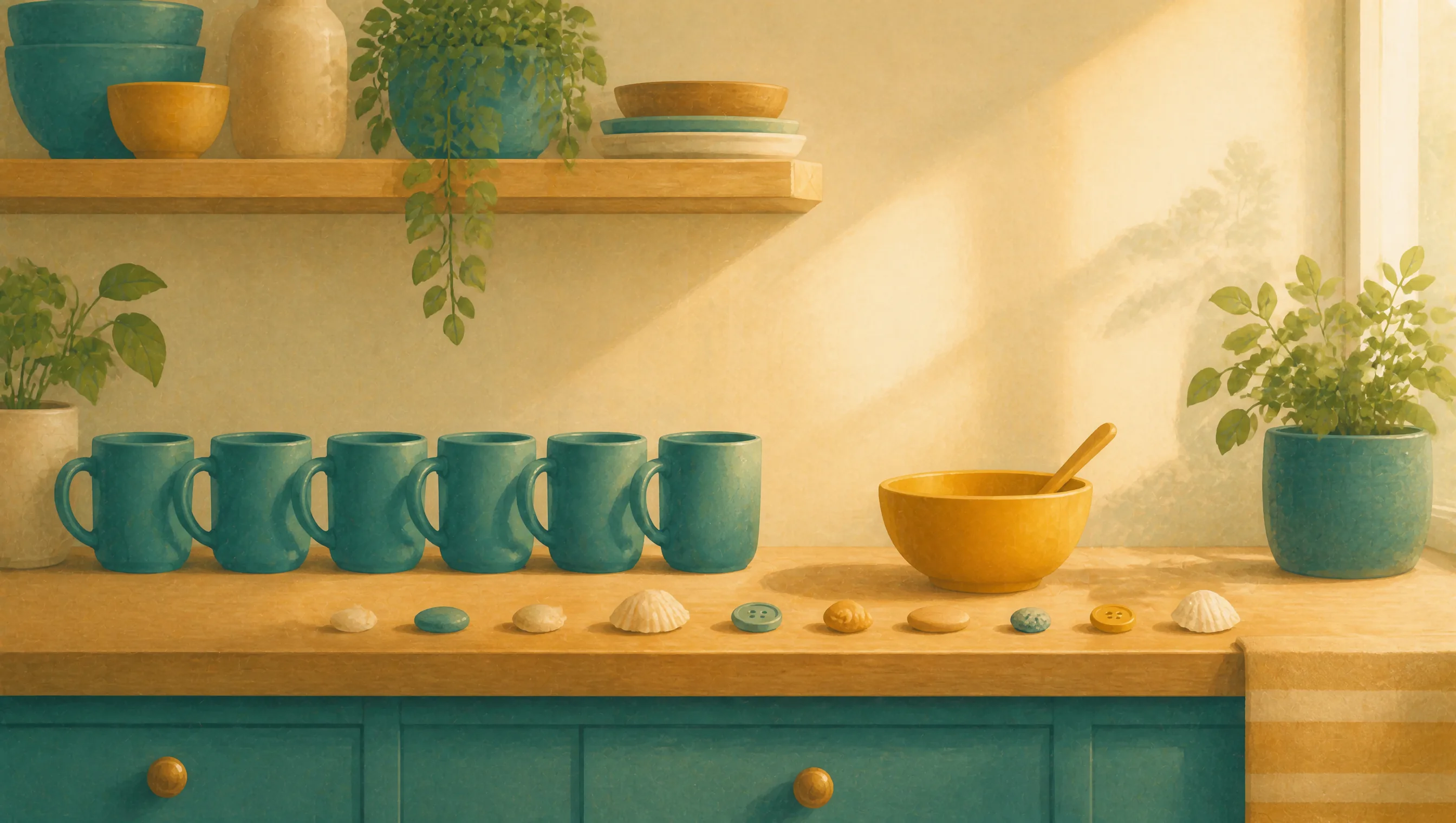 Six matching mugs in a row along a kitchen counter, with a line of small shells, buttons and pebbles spaced evenly in front, and a yellow mixing bowl nearby.