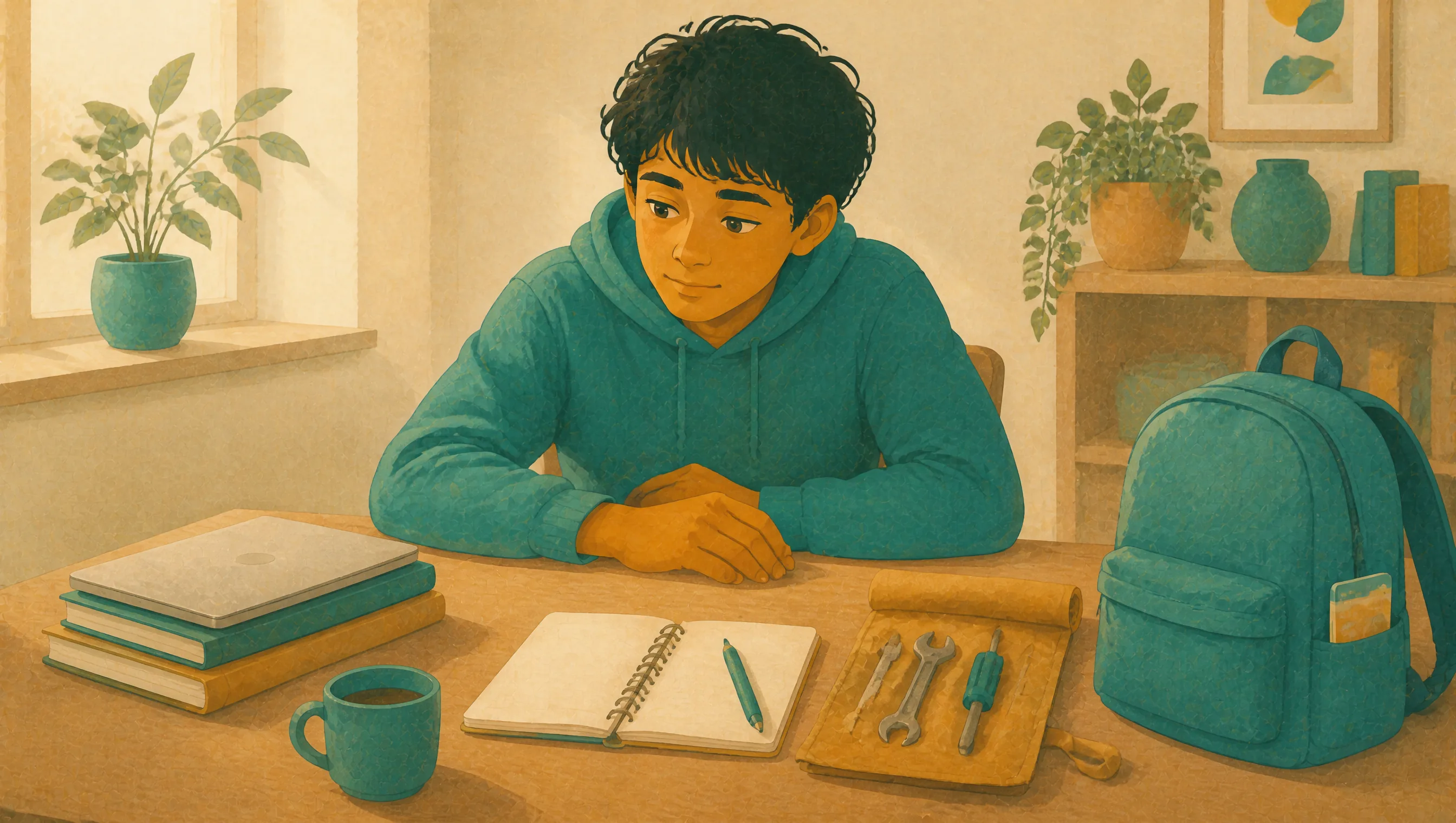 A teenage boy sits at a desk with his hands clasped, beside a laptop, stacked books, an open notebook, a tool roll and a backpack.