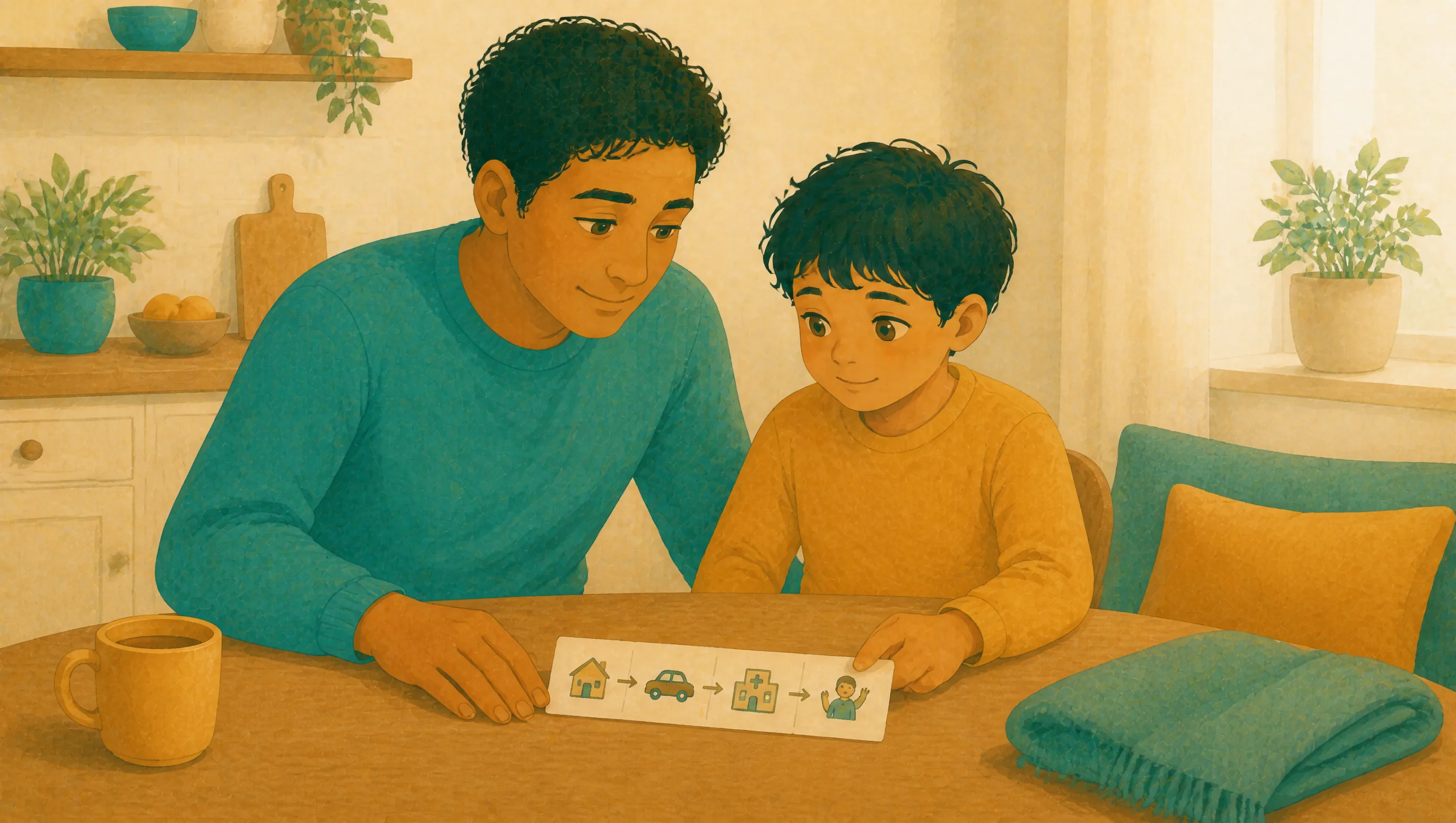 A man and a young boy sitting at a kitchen table, looking together at a small picture card showing four linked images.