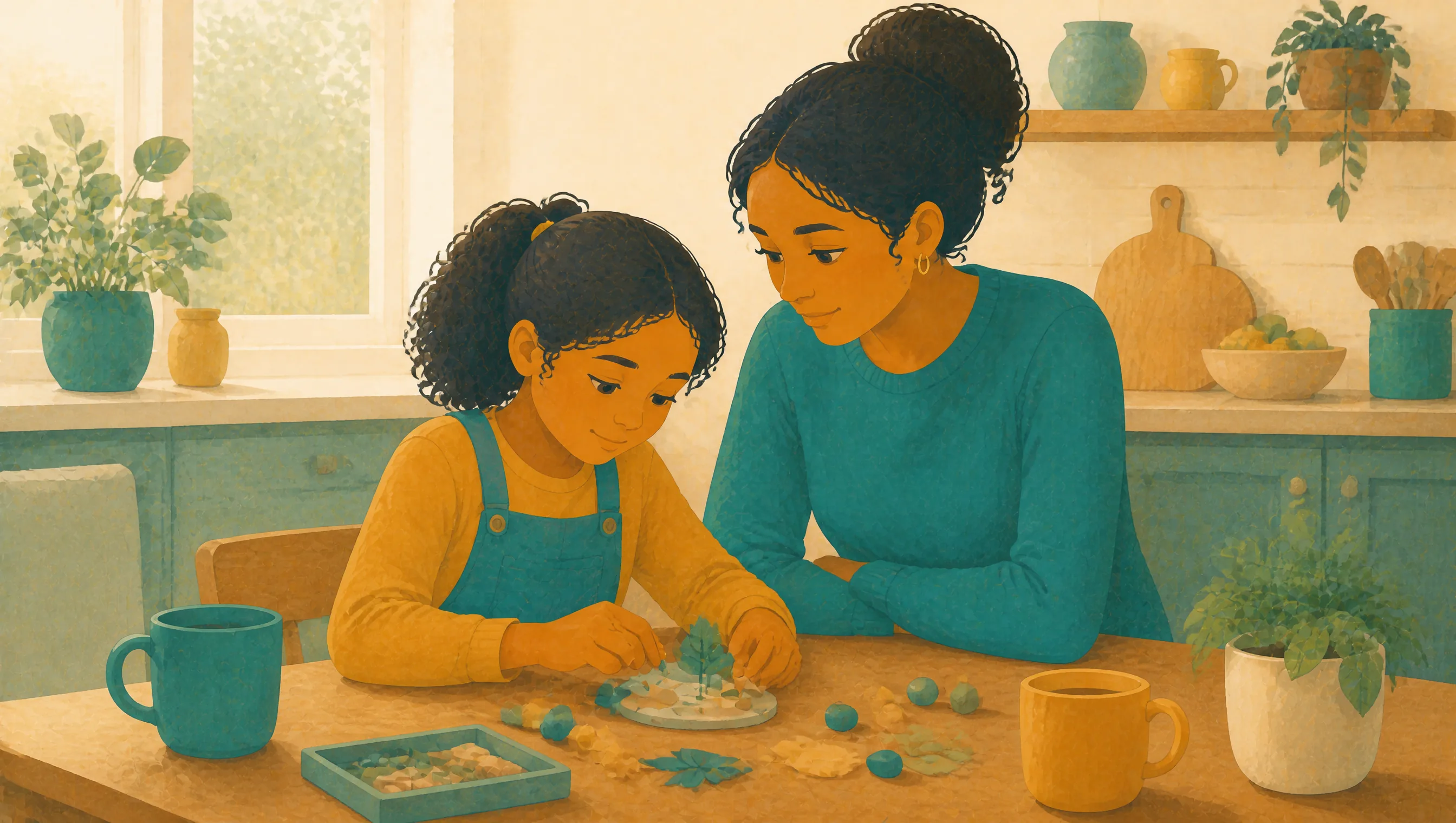 A kitchen table with a girl and a woman leaning together over a small craft project, felt leaves and wooden beads scattered nearby, both smiling.