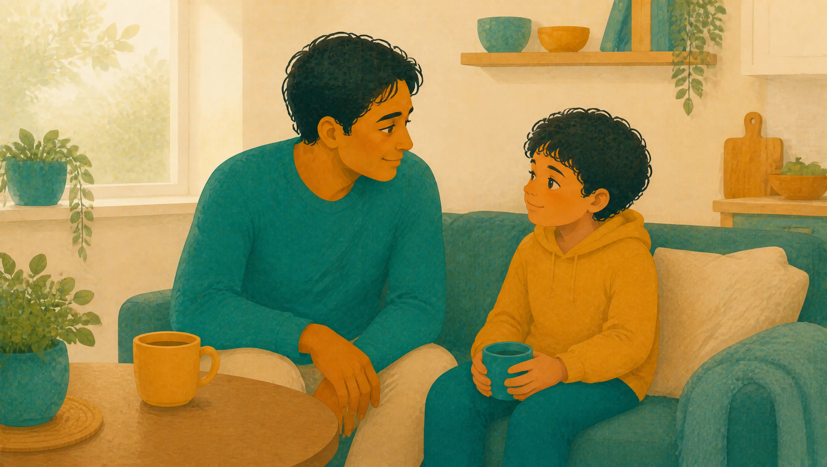 A boy in a yellow hoodie holds a mug, sitting on a sofa beside a man in a teal jumper, both looking at each other in a kitchen living space.