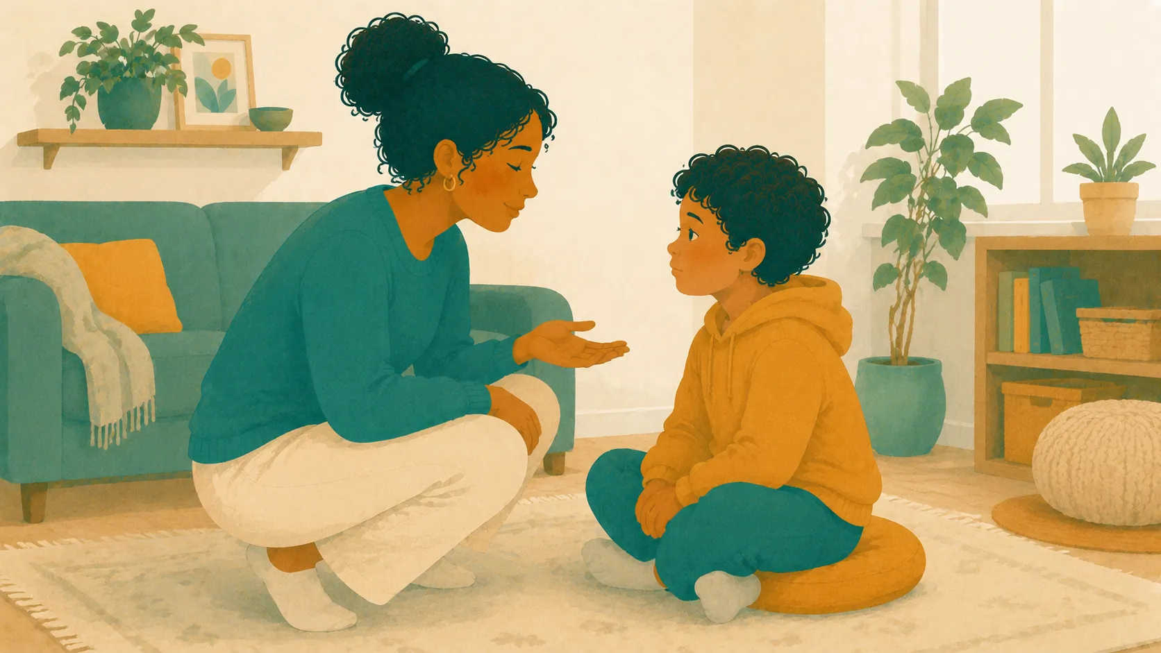 A parent crouches on the floor while talking with a seated child.