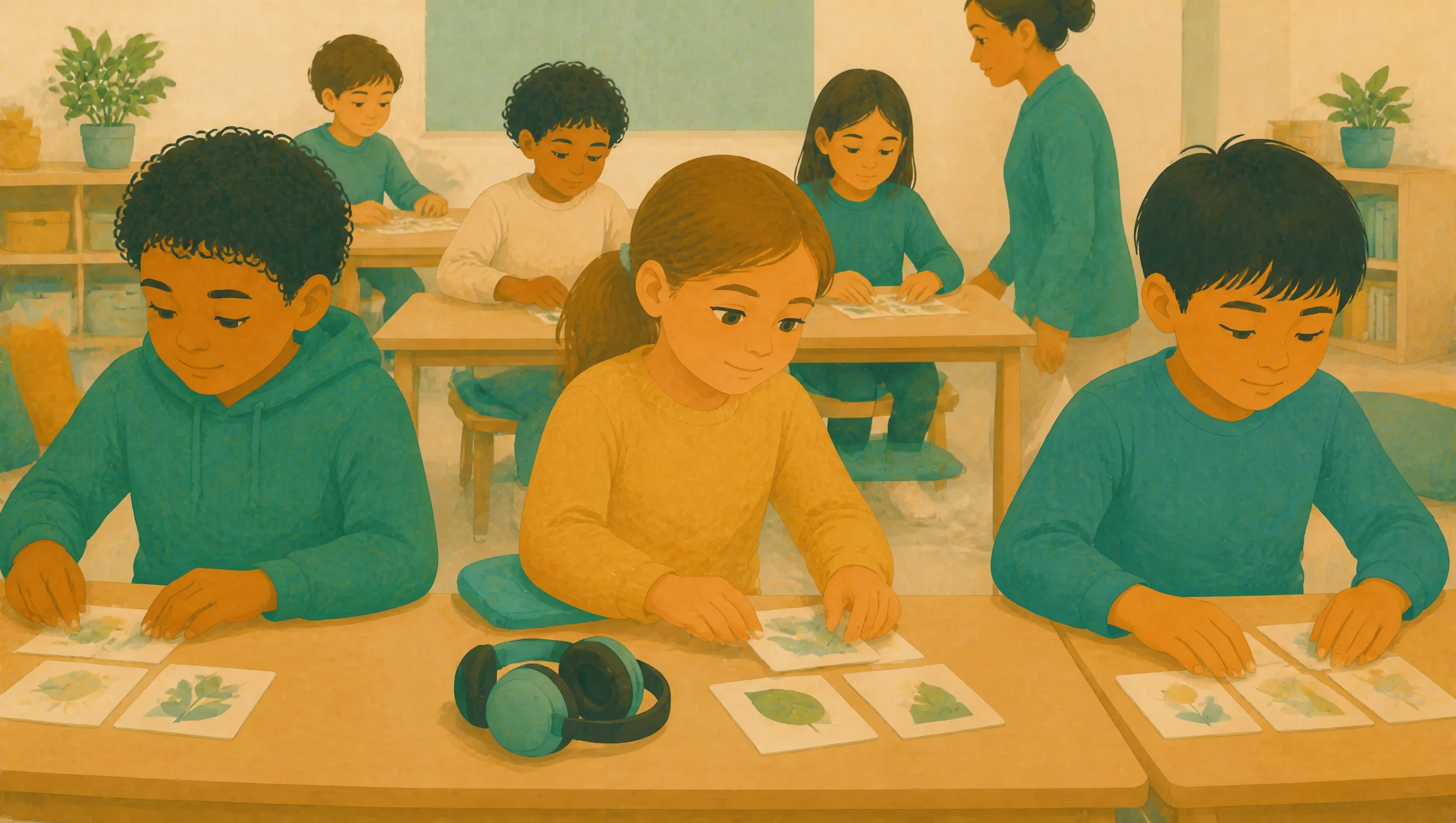 A girl with ear defenders on her desk sorting nature cards alongside classmates at shared tables, while a teacher checks on a pupil in a classroom.