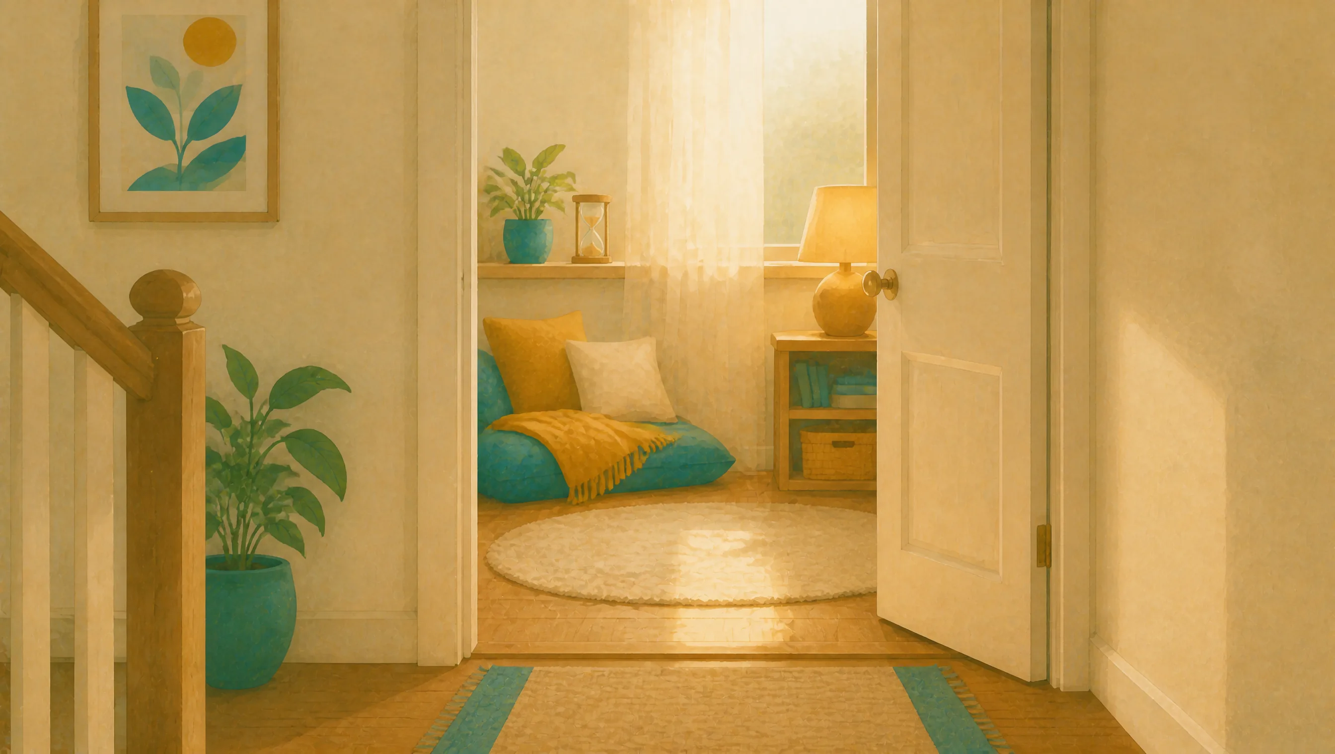 A hallway with a staircase and potted plants leading through an open door into a cosy nook with a blue floor cushion, round rug and soft lamplight.