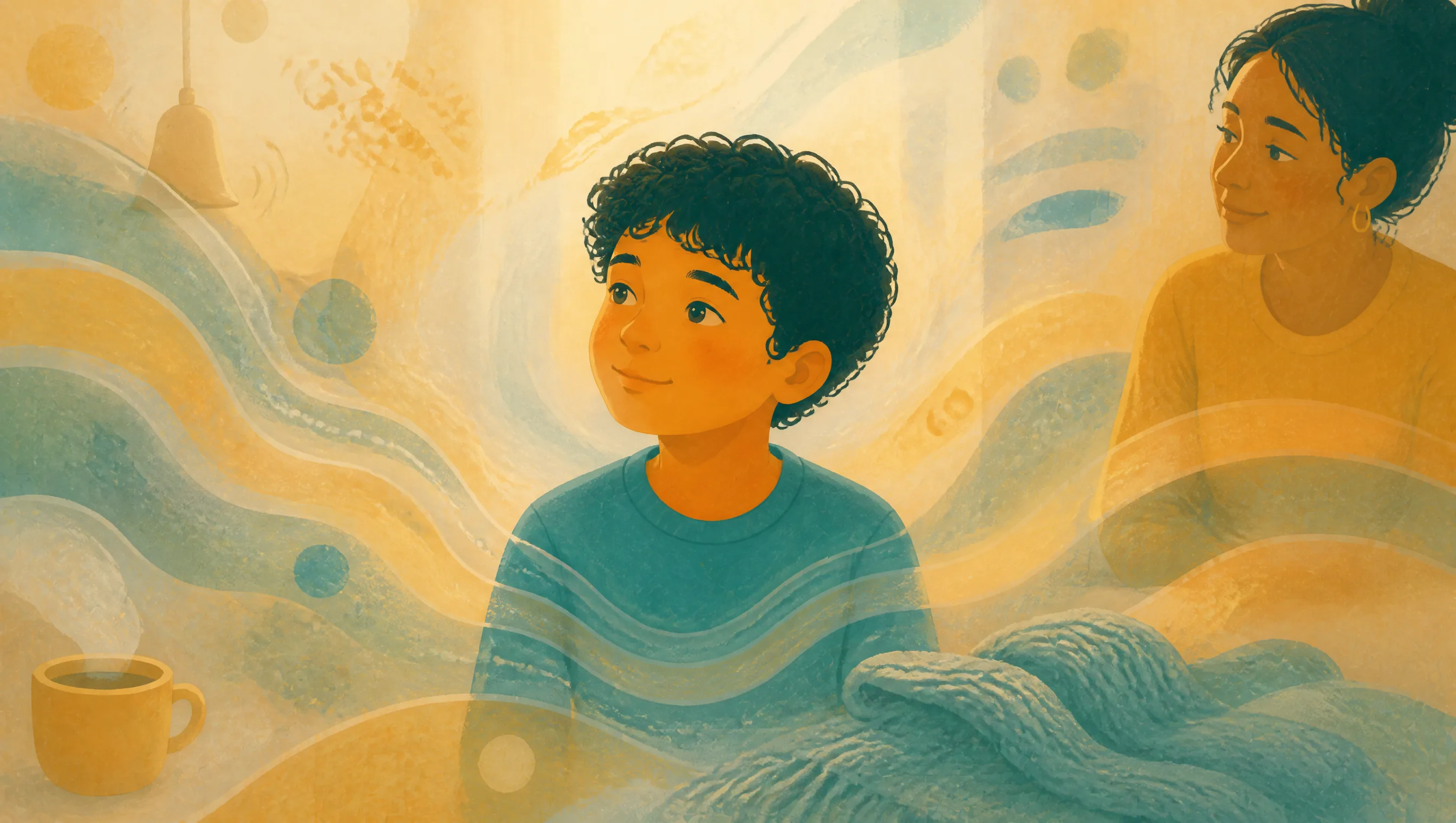 Boy in a teal jumper wrapped in a knitted throw at a table with a steaming mug, swirling teal and gold patterns around him, a woman looking on nearby.