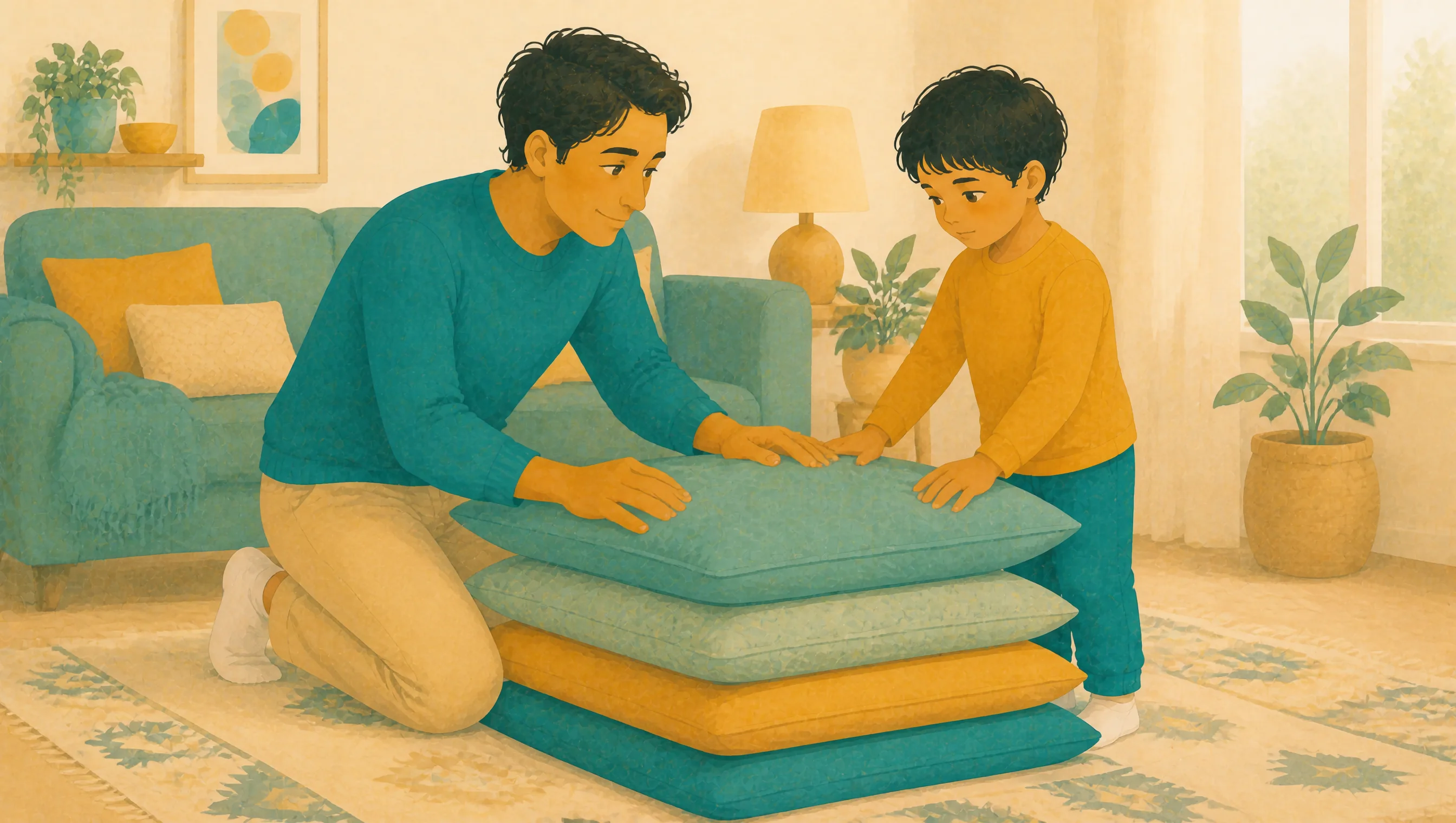 A man and a young boy kneeling together on a rug, stacking blue, mustard and teal cushions into a pile in a bright living room.