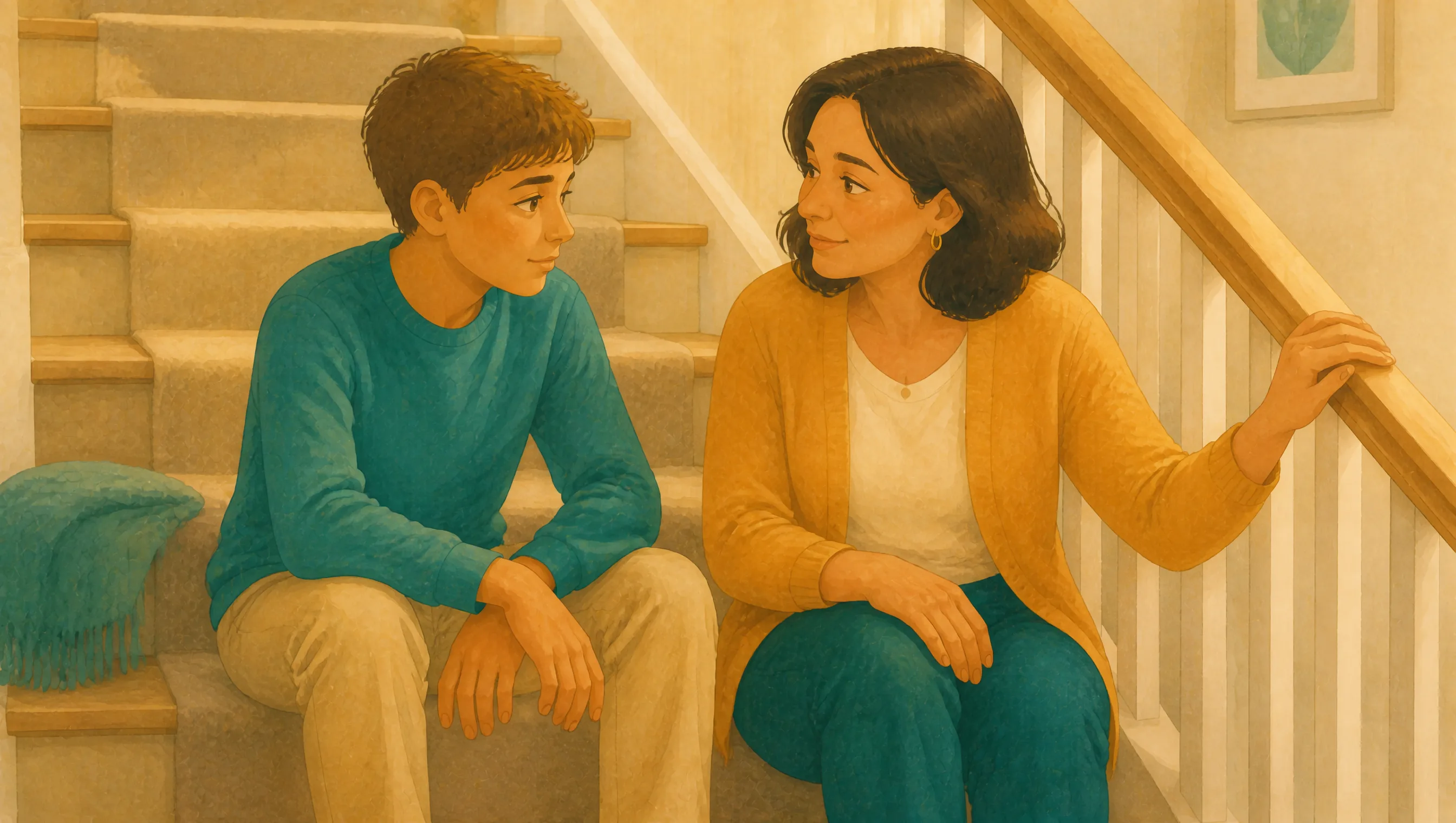 A teenage boy and a woman sitting together on a carpeted staircase, talking, with a teal blanket folded on the step beside them.