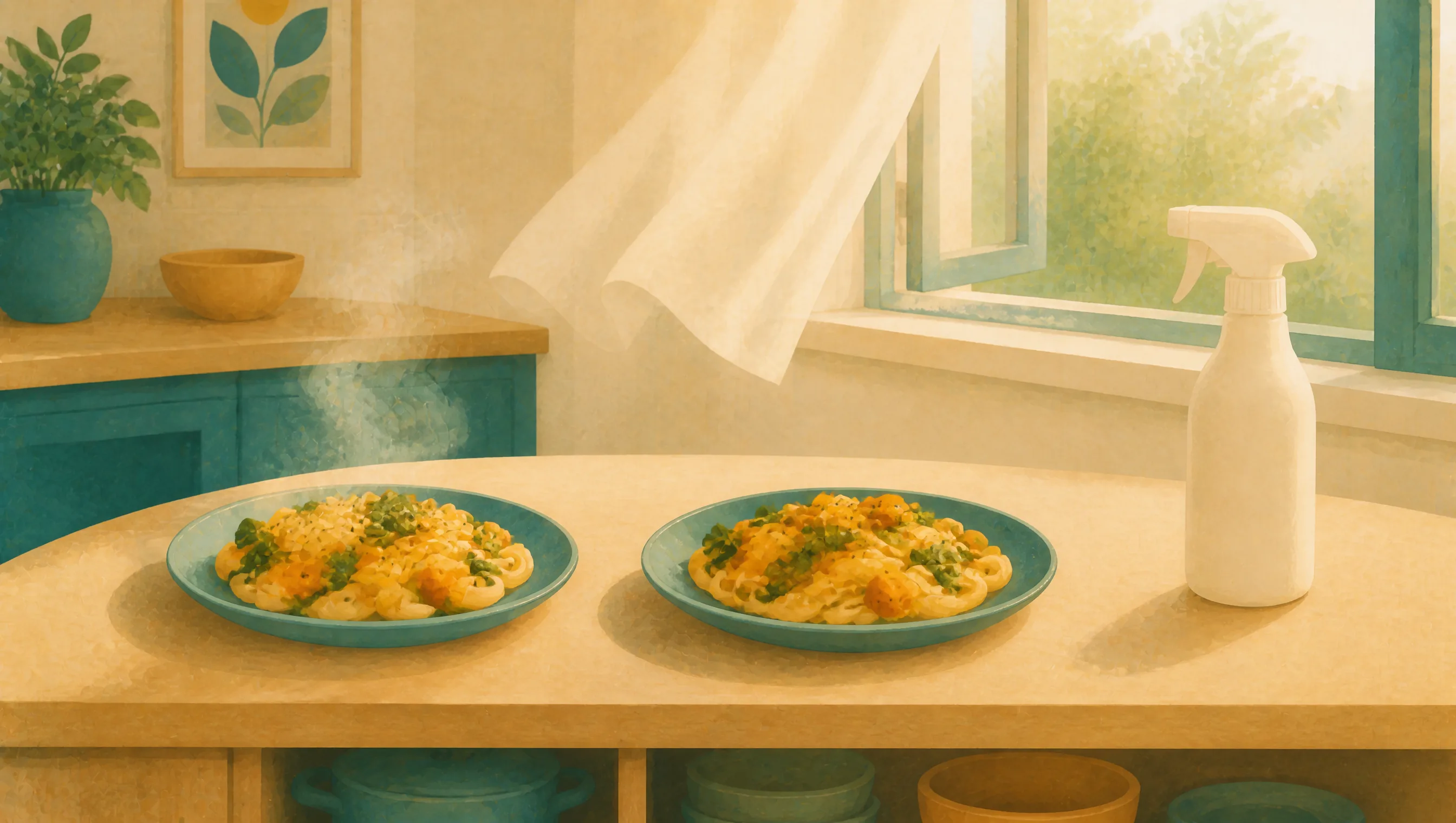 Two plates of pasta sit on a sunlit kitchen counter, one still steaming, beside an open window with the curtain lifting in the breeze.