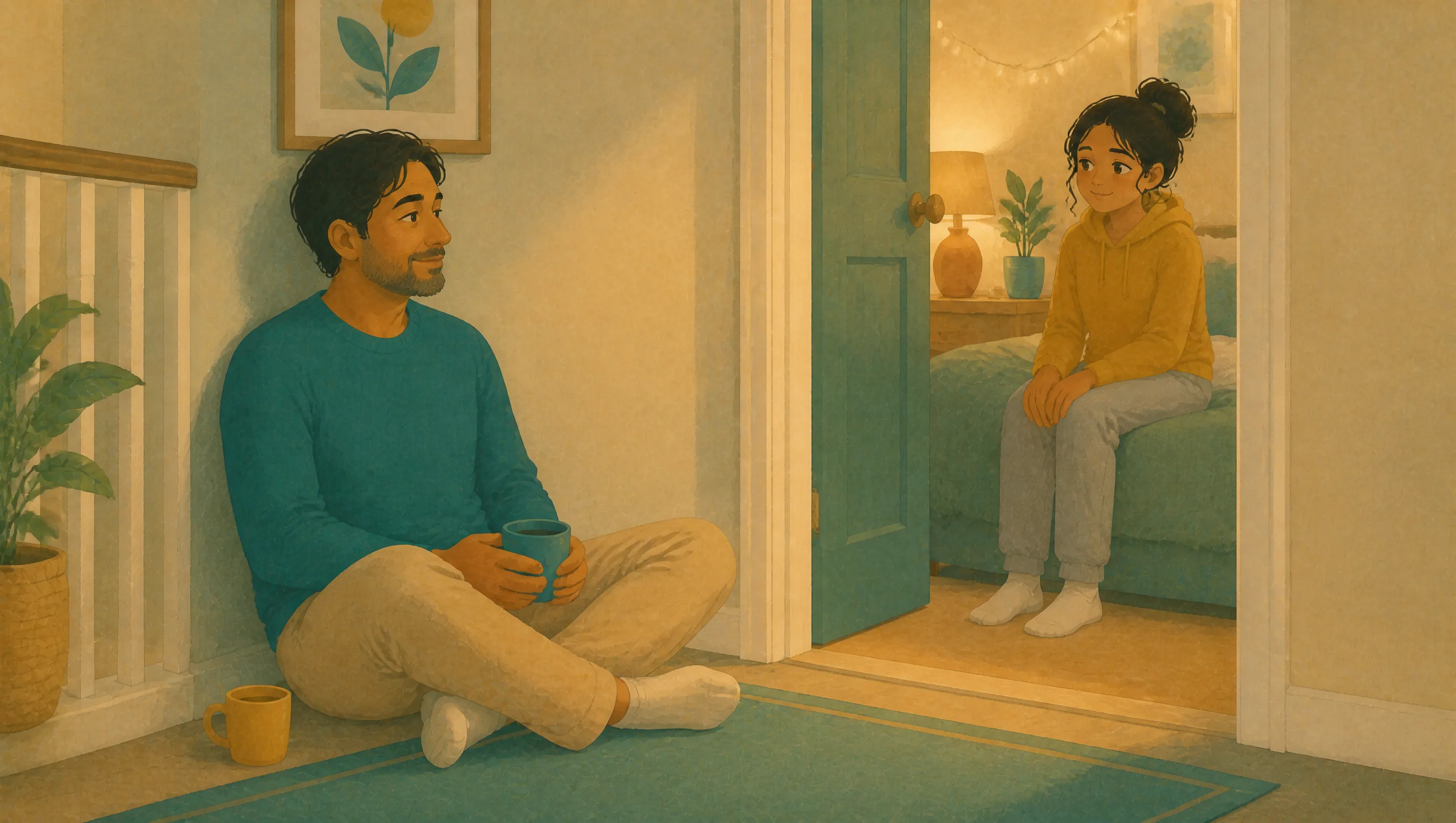 A man sits cross-legged on a hallway floor holding a mug, looking through an open doorway towards a girl sitting on the edge of a bedroom bed.