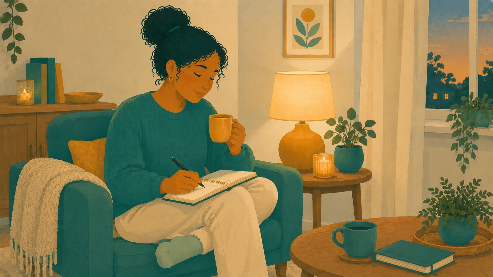 A parent writes in a notebook with a mug beside them in the evening.