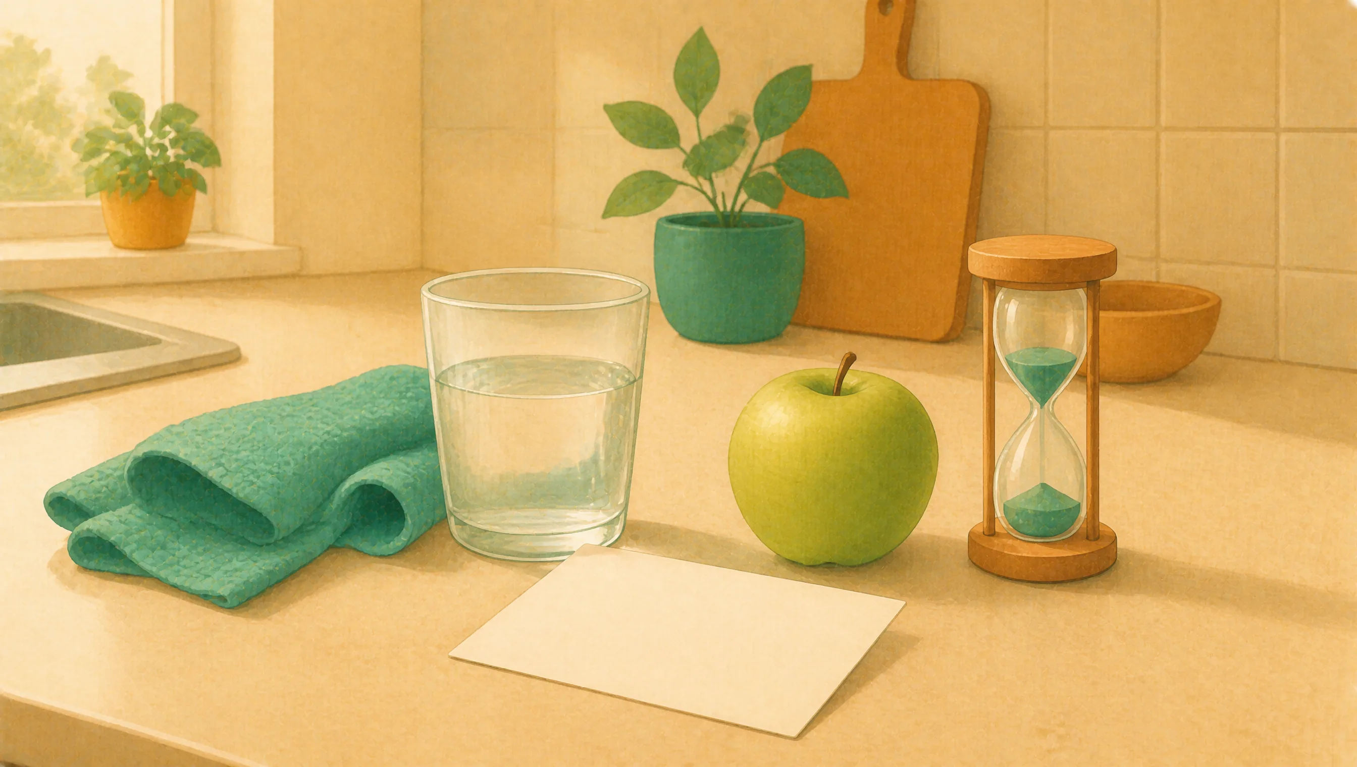 A kitchen worktop holding a glass of water, an apple, a folded cloth, a small sand timer and a blank card, the everyday basics a stretched parent might manage.