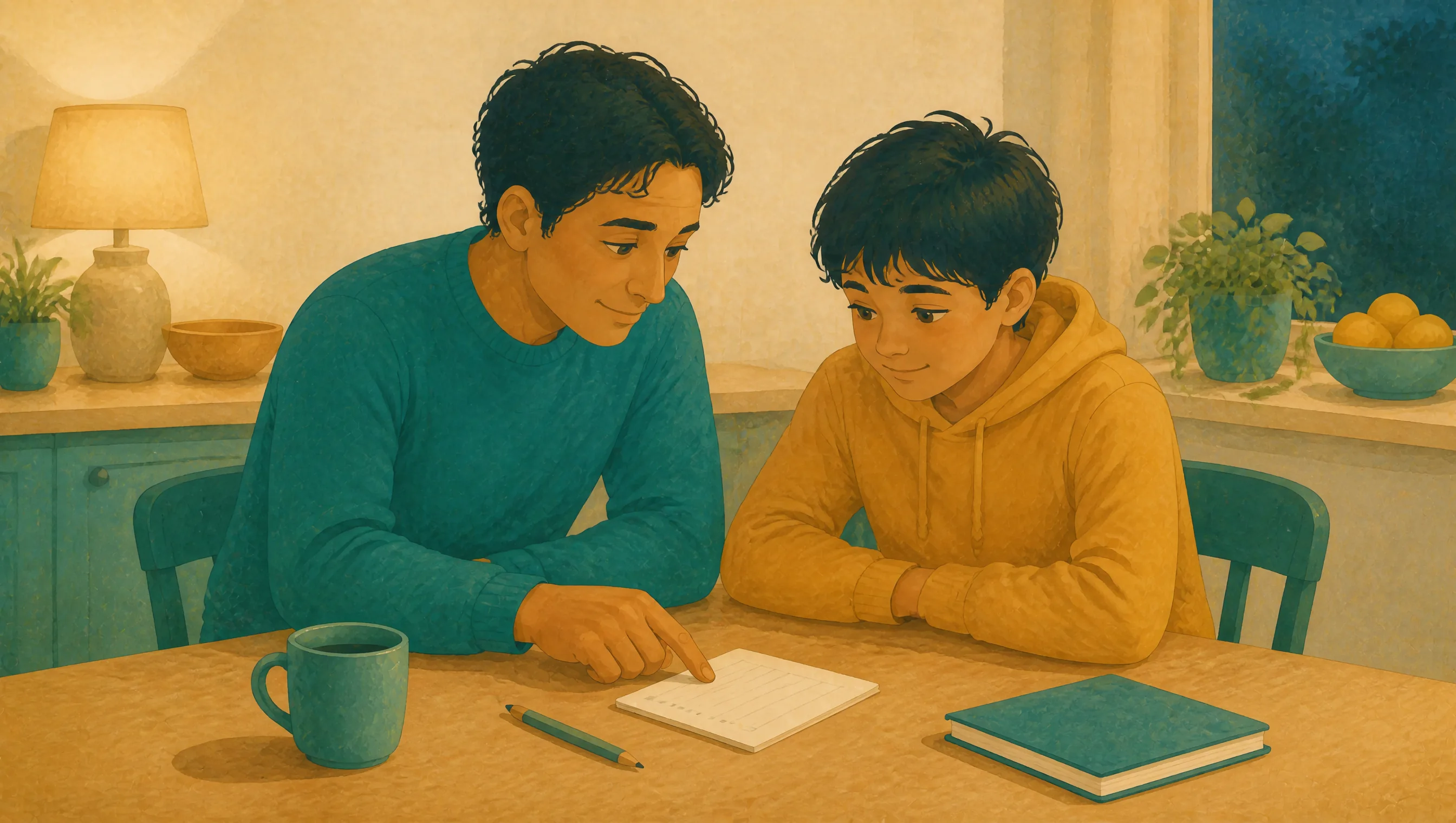 A man and a boy sitting together at a kitchen table, the man pointing at a notepad while the boy looks on, a mug, pencil and closed book nearby.