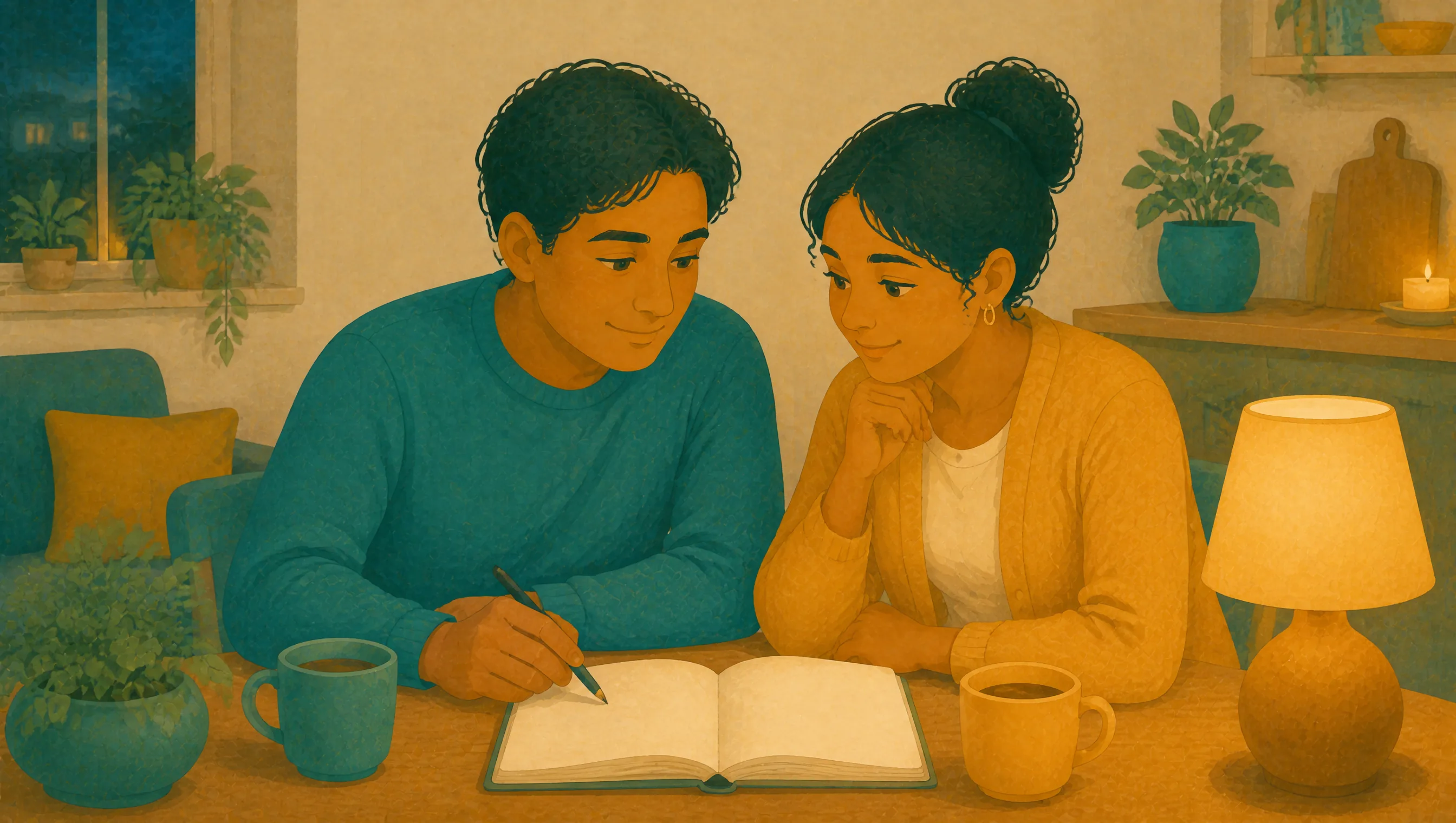 A teenage boy writing in an open notebook at a table beside a woman resting her chin on her hand, lamplight and a candle glowing behind them.