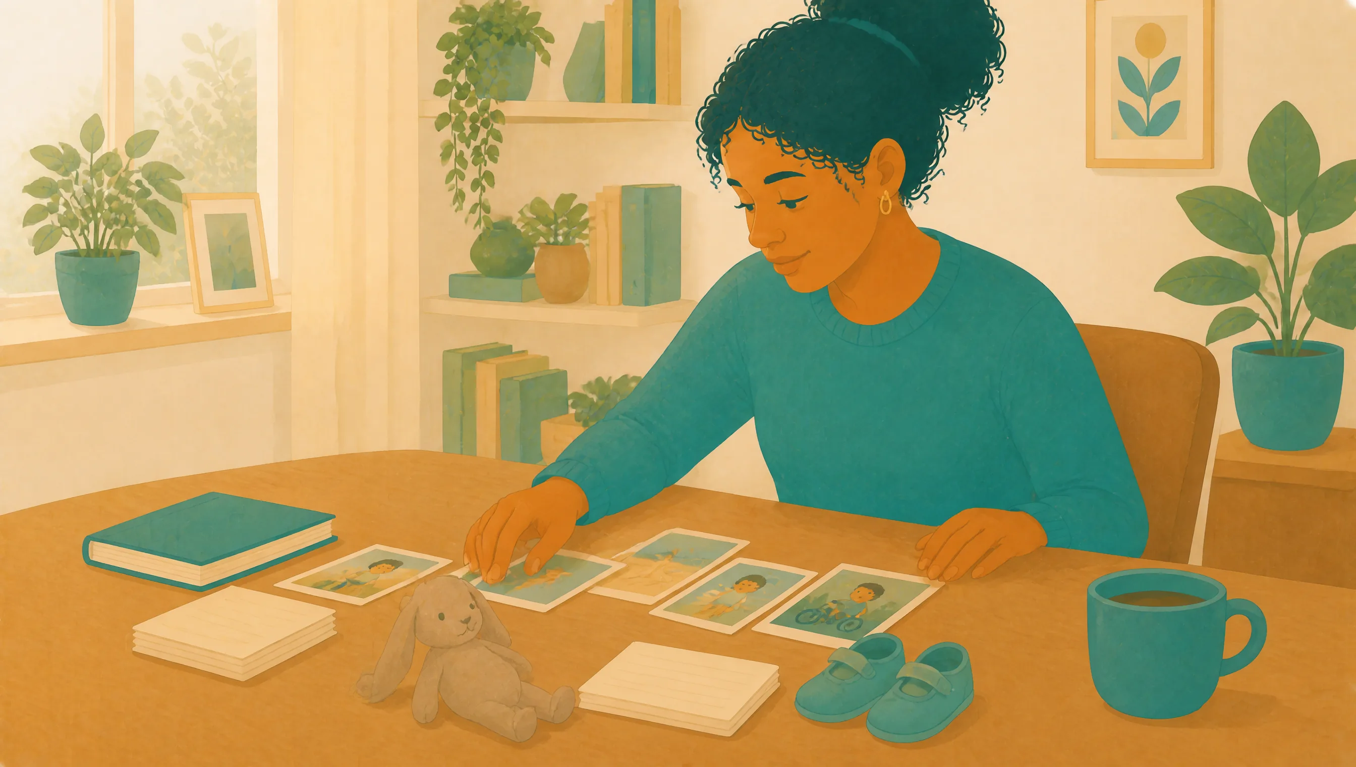 A woman sits at a table looking through childhood photographs, beside a soft toy rabbit, a pair of small shoes and a stack of blank cards.