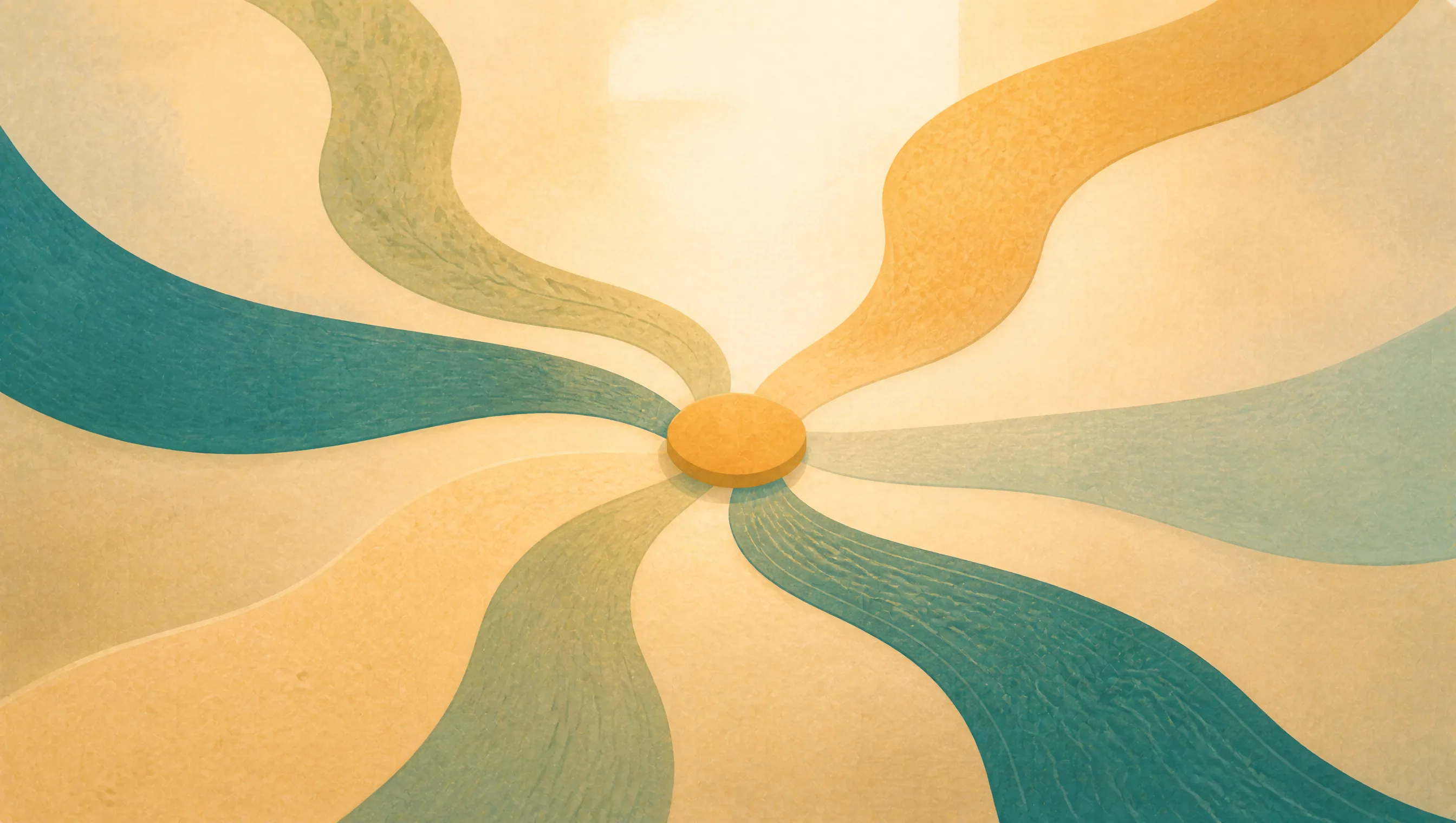 Swirling ribbons of teal, gold and muted green converge on a small golden oval at the centre of a warm cream background.