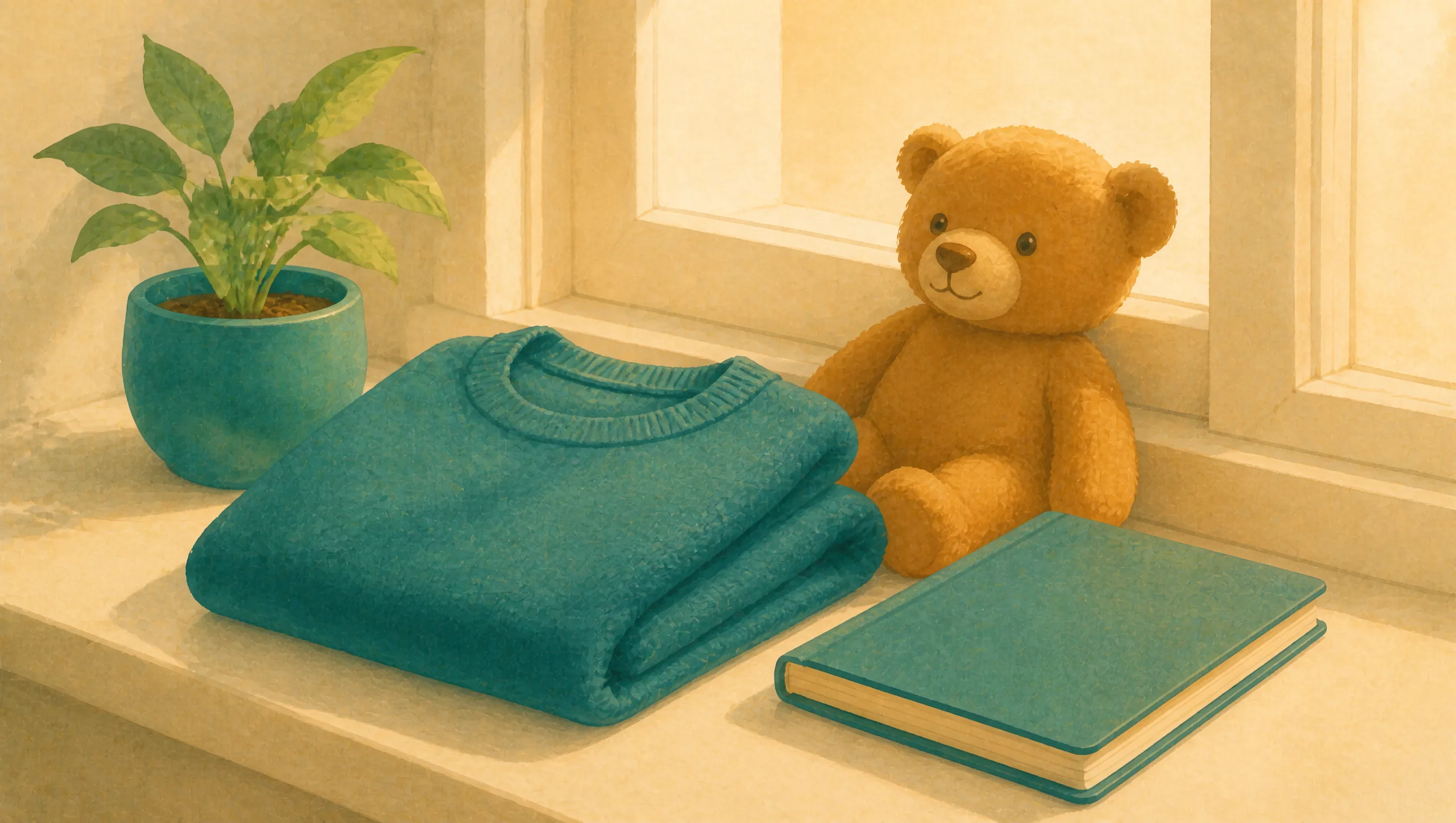 A windowsill with a potted plant, a folded teal jumper, a teddy bear and a closed book, lit by soft daylight through the window.
