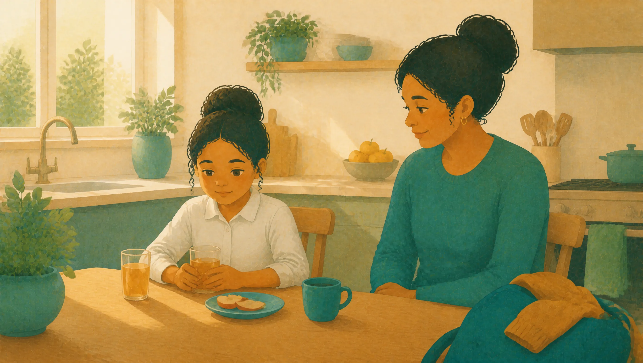 A girl in a white school shirt sitting at a kitchen table with a woman, both holding glasses of juice beside a plate of apple slices and a mug.