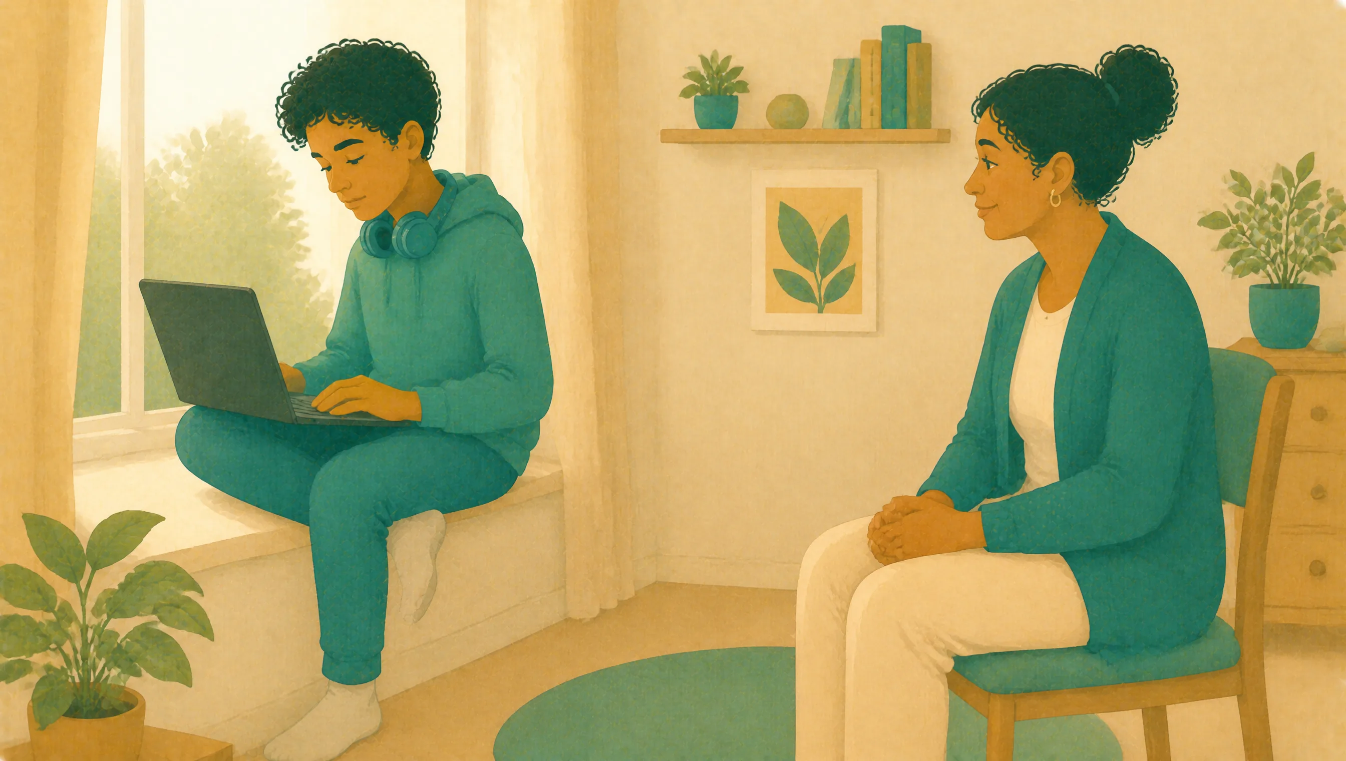 A teenage boy sits cross-legged on a window seat working on a laptop with headphones round his neck, while his mother sits nearby in the same room.