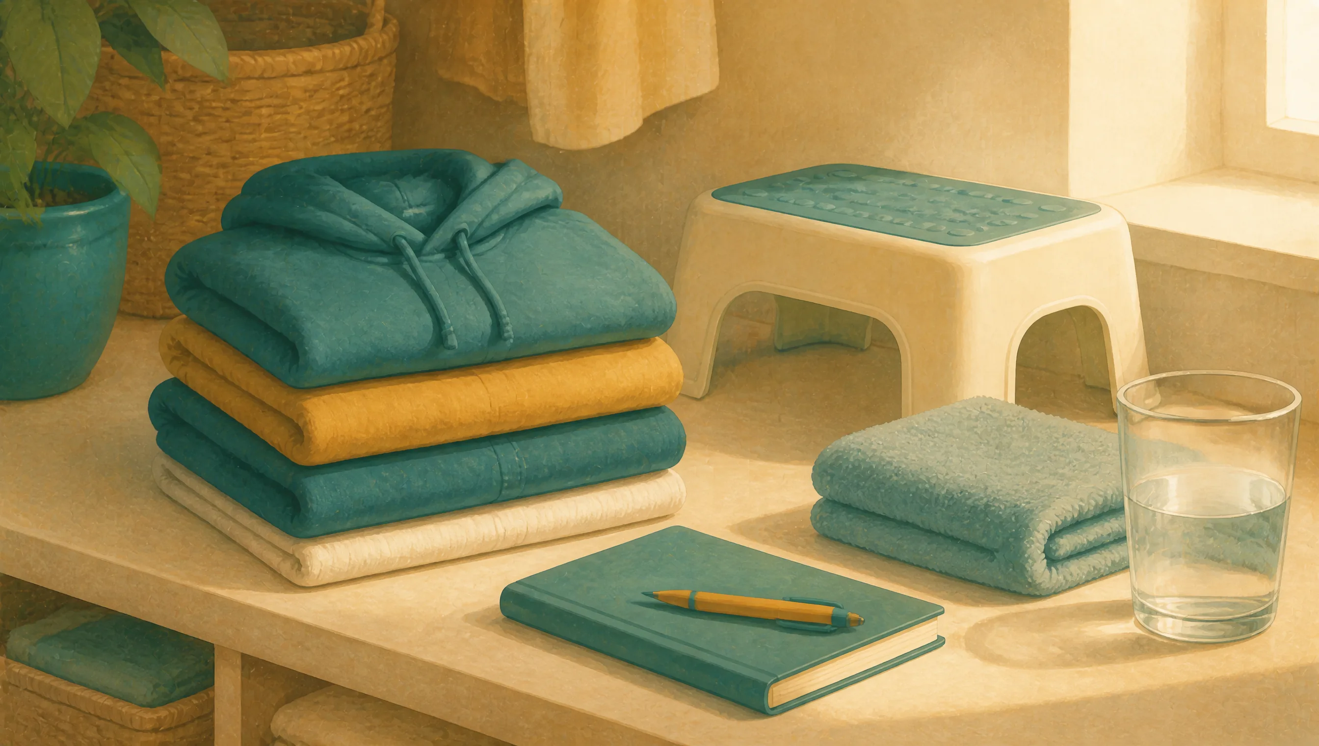 Folded towels and clothes stacked on a shelf beside a step stool, notebook, pen and glass of water, with a potted plant and curtain nearby.