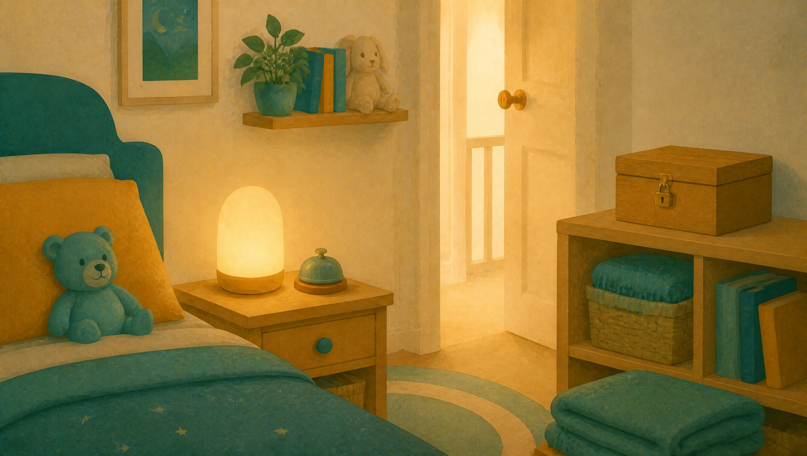 A softly lit child's bedroom in the evening, with a night light and a small bell on the bedside table, a closed lockable box on a shelf, and the door left ajar onto a lit landing.