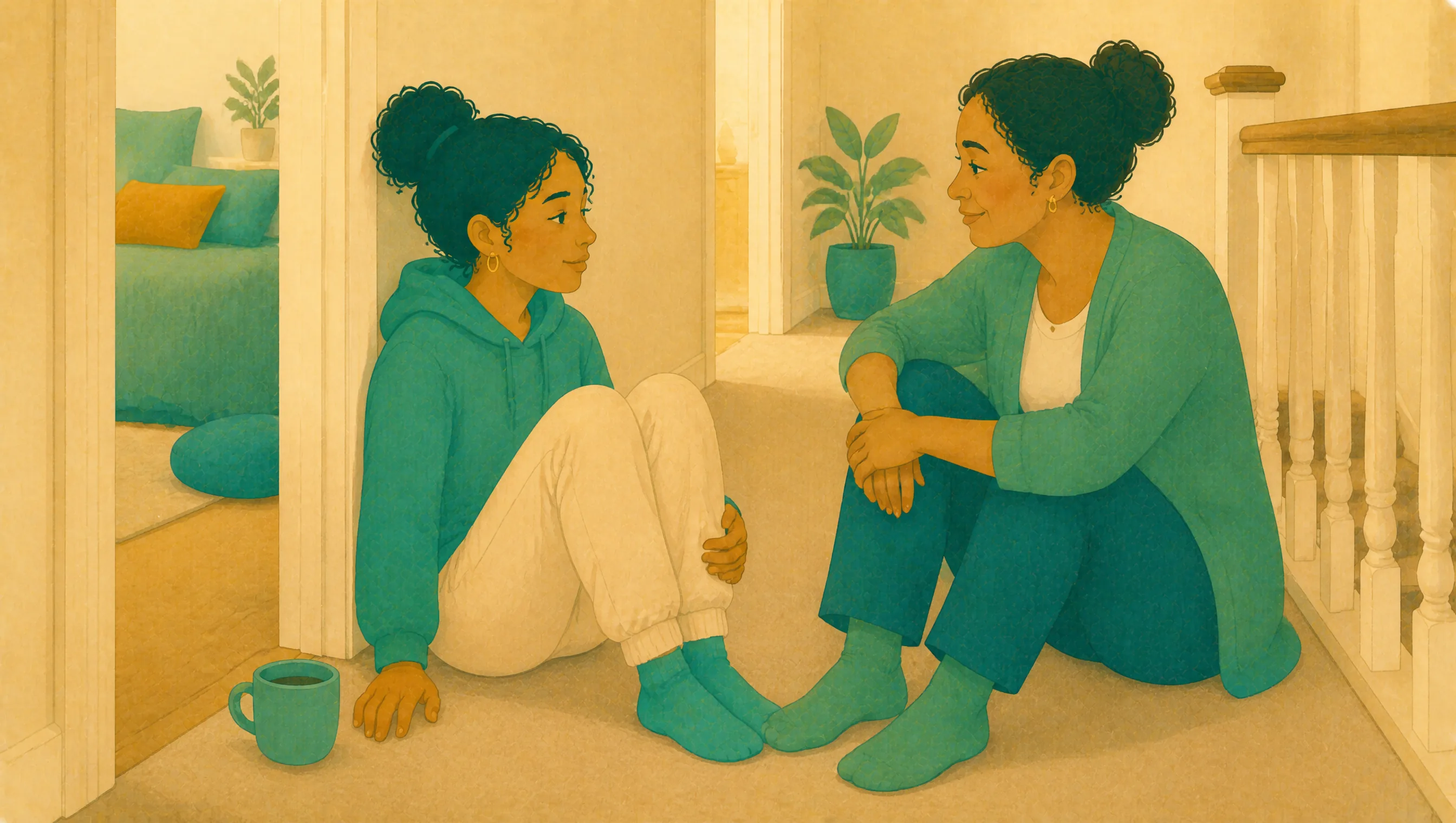 A teenage girl sits on the landing floor with her knees drawn up, talking with her mother who sits opposite her on the top step.