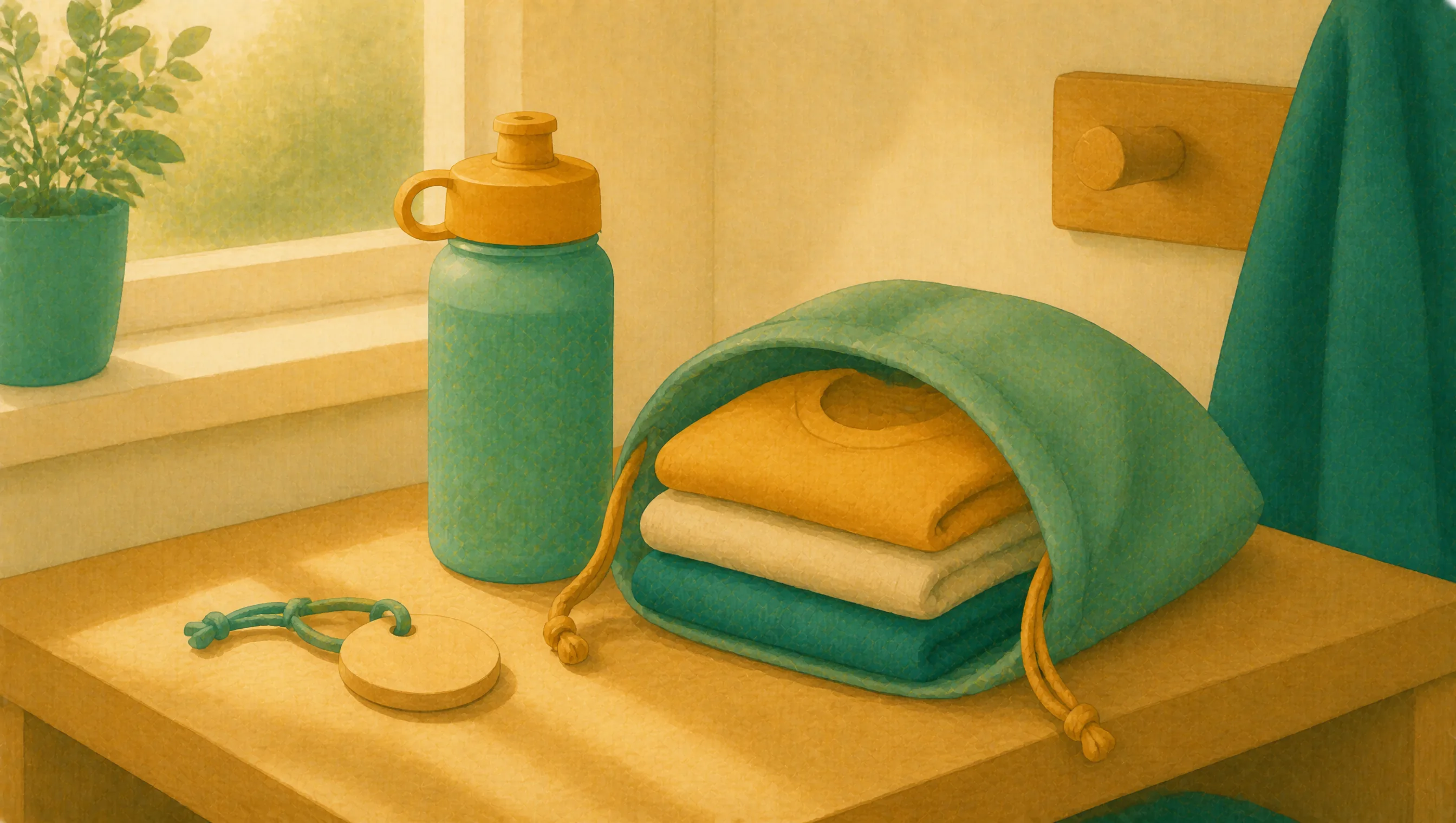A drawstring bag of neatly folded spare clothes sits on a table beside a water bottle, with a towel hanging from a hook nearby.