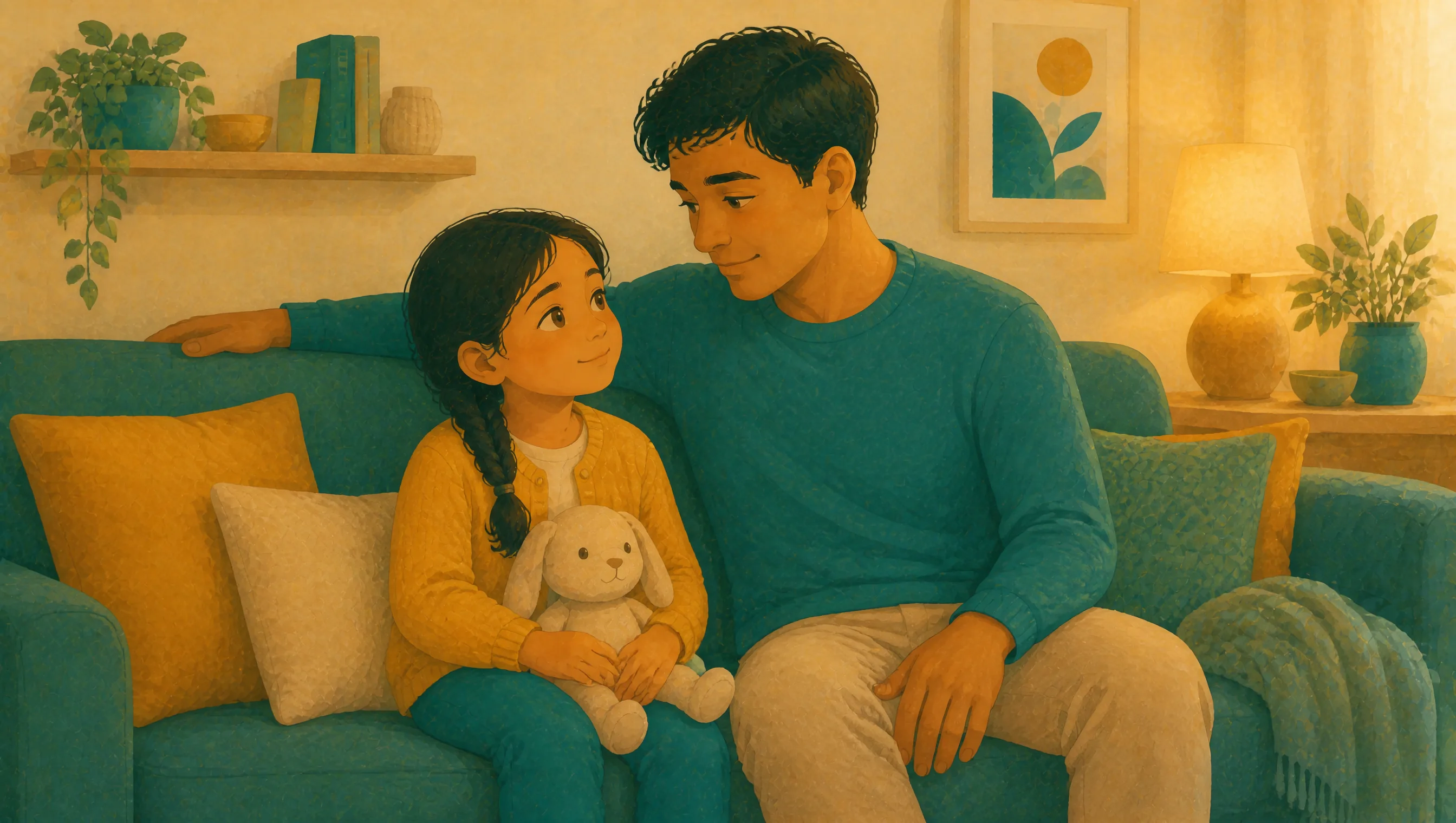 A girl sitting close beside a man on a teal sofa, holding a soft toy rabbit in her lap while they look at each other.
