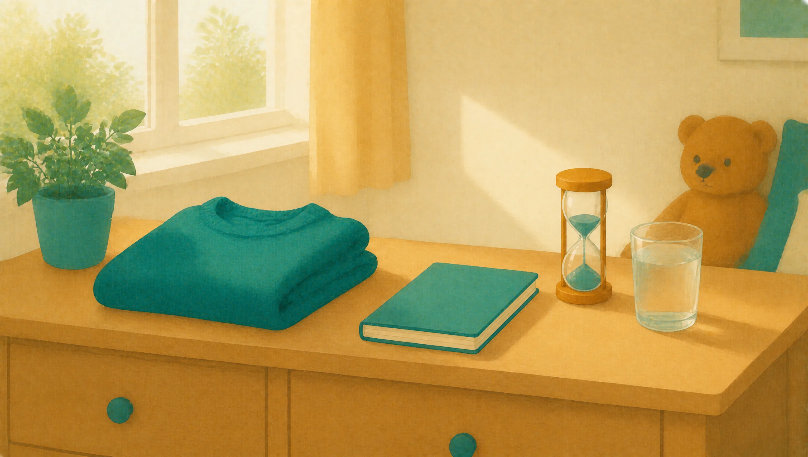 A folded jumper, a notebook, a sand timer, a glass of water and a teddy bear sit together on a bedroom chest of drawers.