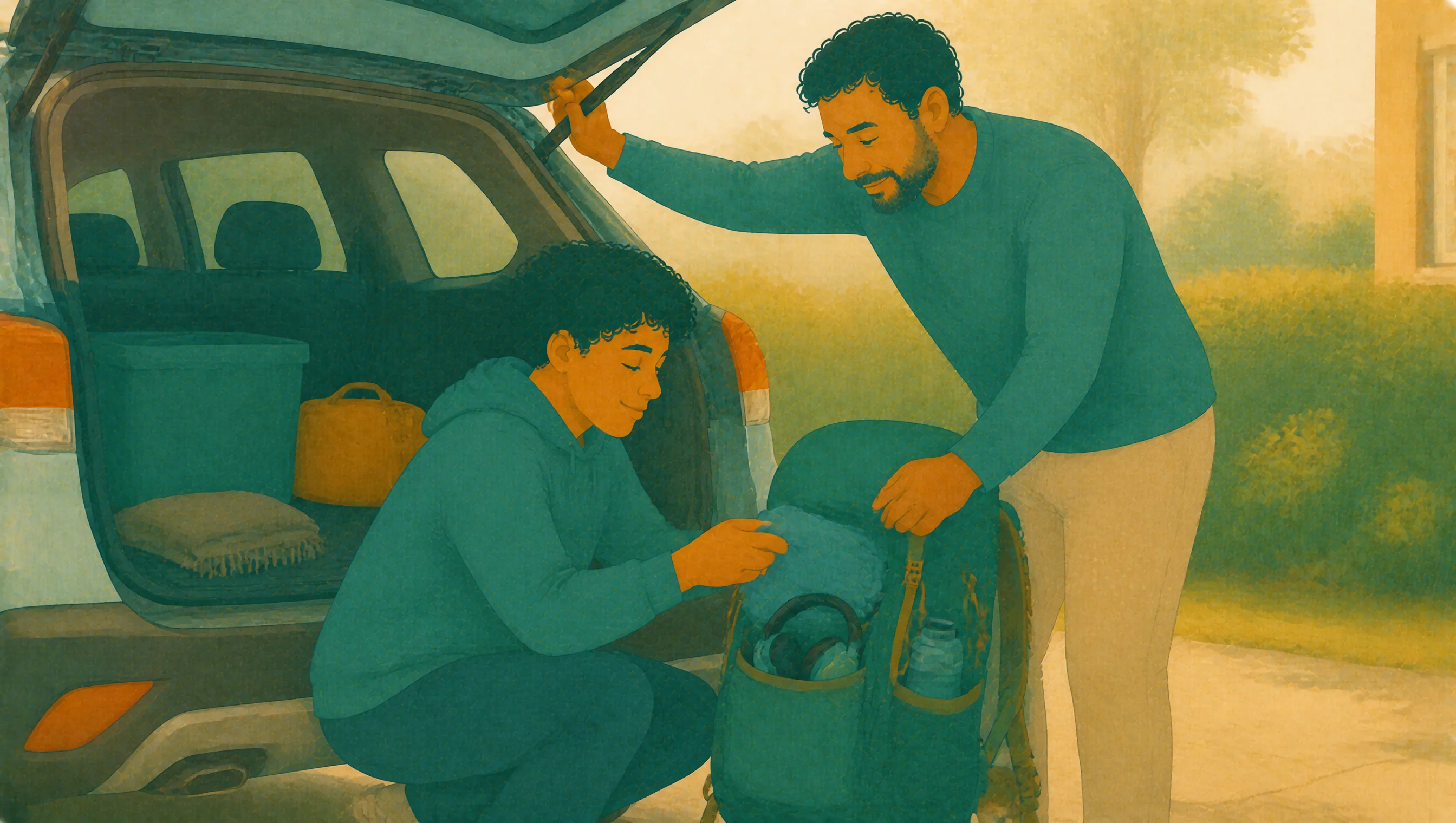 A father and son crouch together at the open boot of a car, packing a rucksack that already holds headphones and a water bottle.
