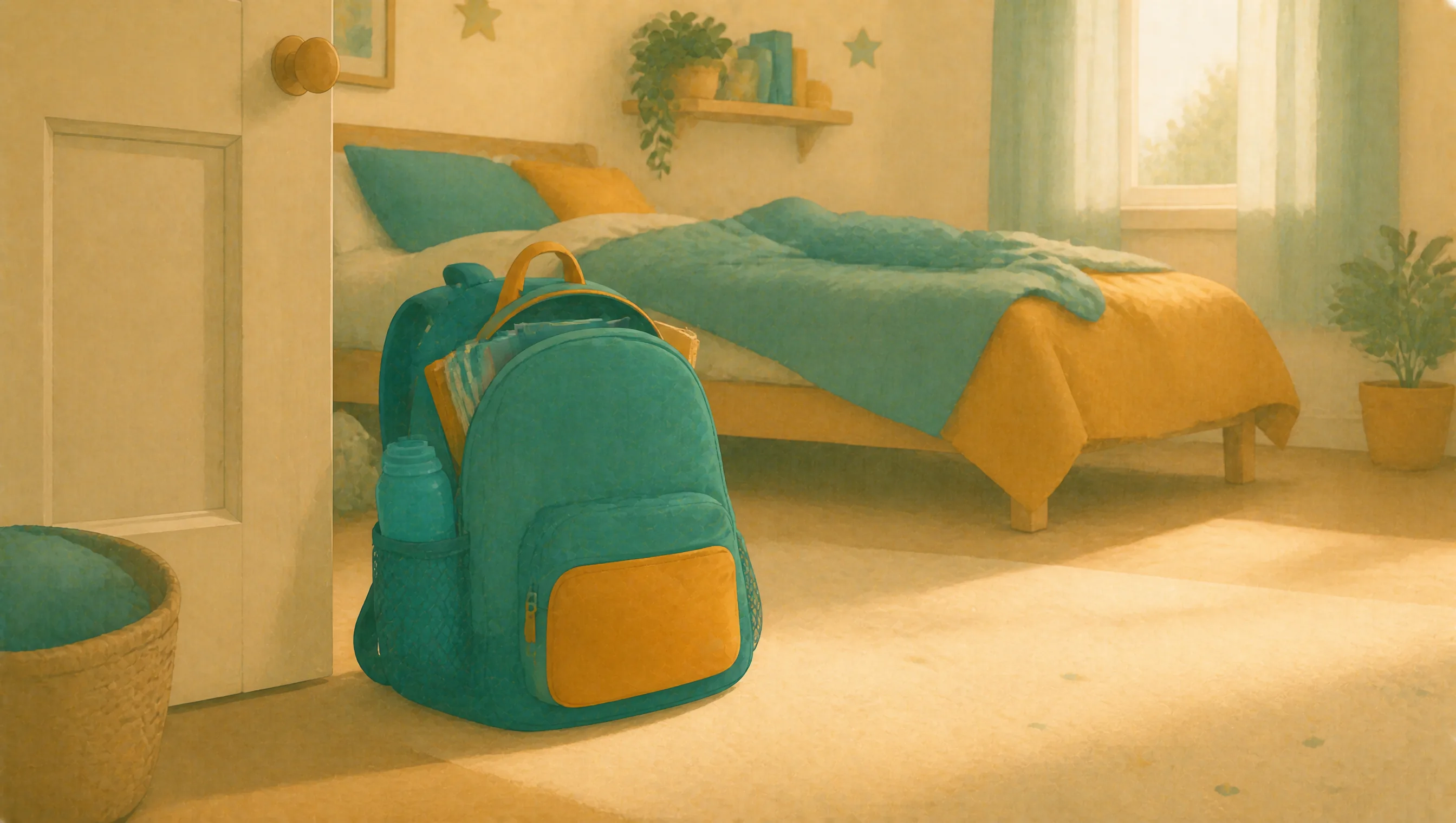 A packed school bag stands on a bedroom floor by an open door, beside a made bed, on a morning that has not gone as planned.