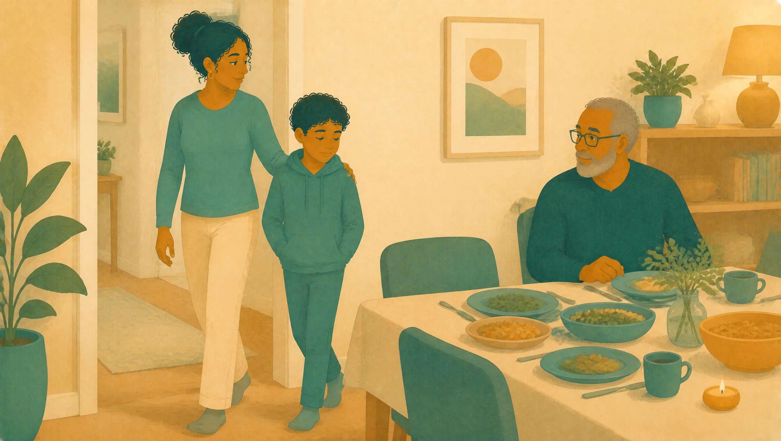 A woman walks her son towards a laid dining table where an older relative is already seated.