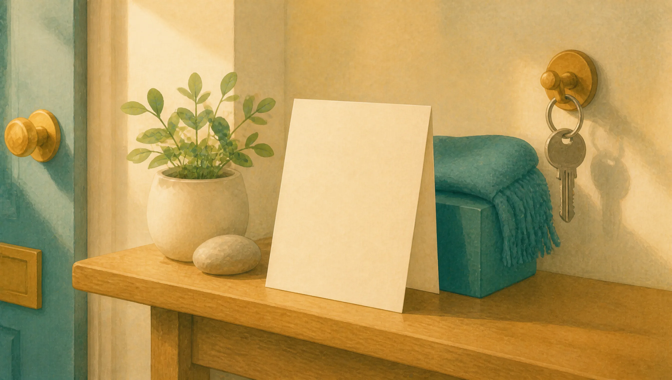 A blank cream card propped against a folded teal throw on a wooden hall table, beside a potted plant, a smooth stone and keys by a blue door.
