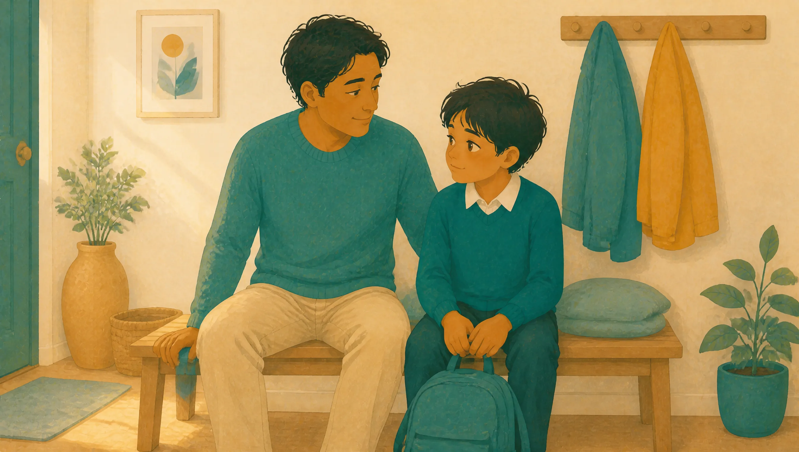 A man sits on a bench with a young boy, who holds a backpack on his lap, both dressed for the day in a home entryway with coats nearby.