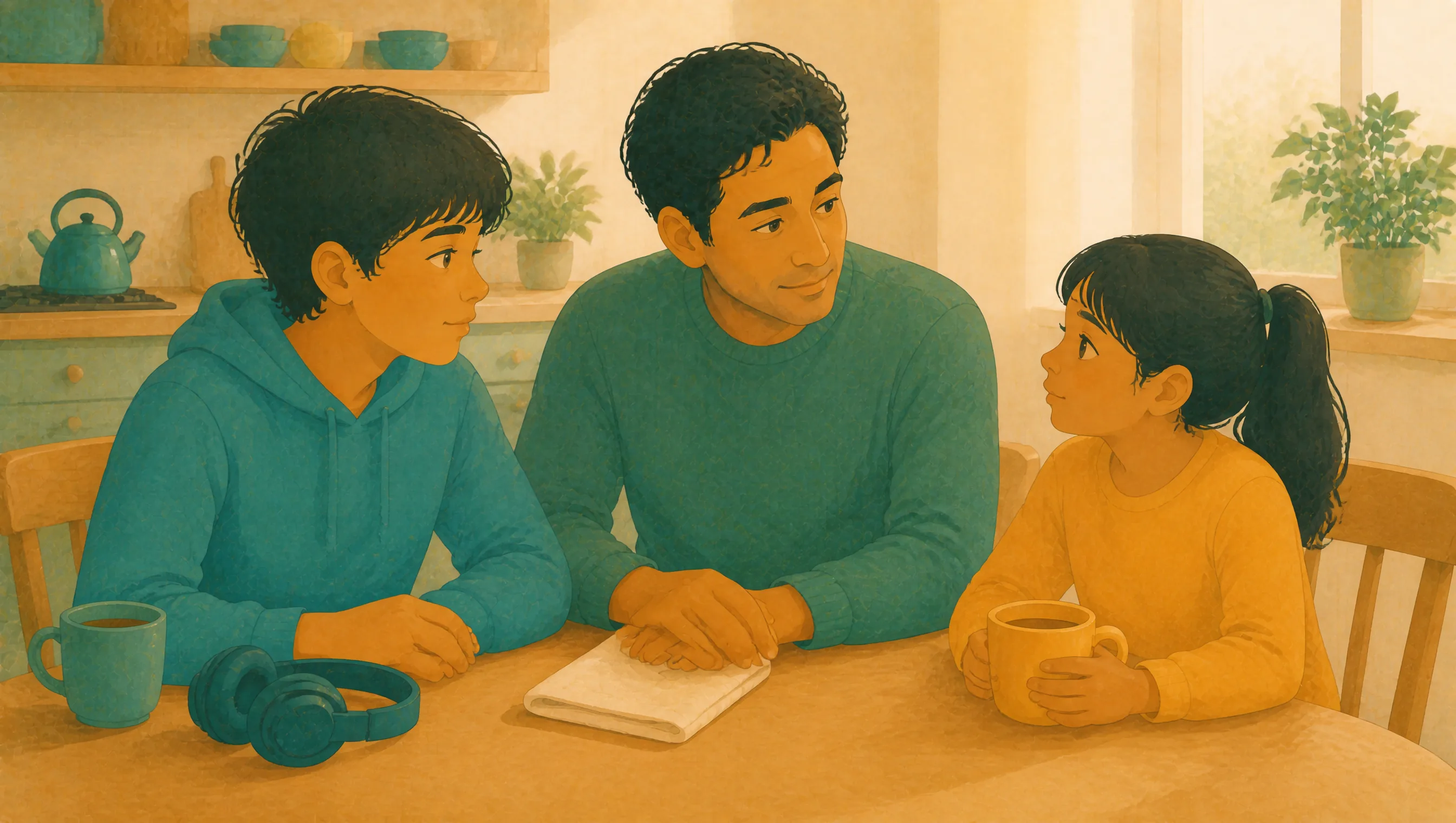 A father sits at the kitchen table between his teenage son and younger daughter, all three turned towards each other in conversation, with mugs and a pair of headphones resting on the table.