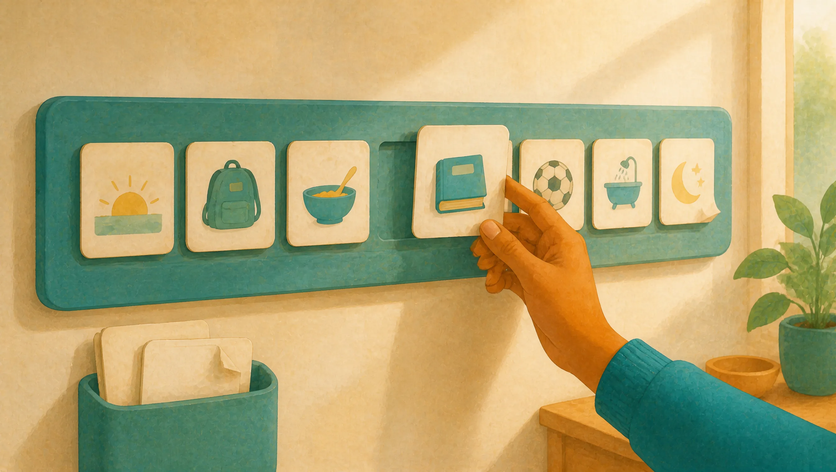 A hand places a picture card onto a teal wall-mounted routine board showing sunrise, backpack, cereal bowl, football, bath and moon pictograms, above a holder of blank cards.